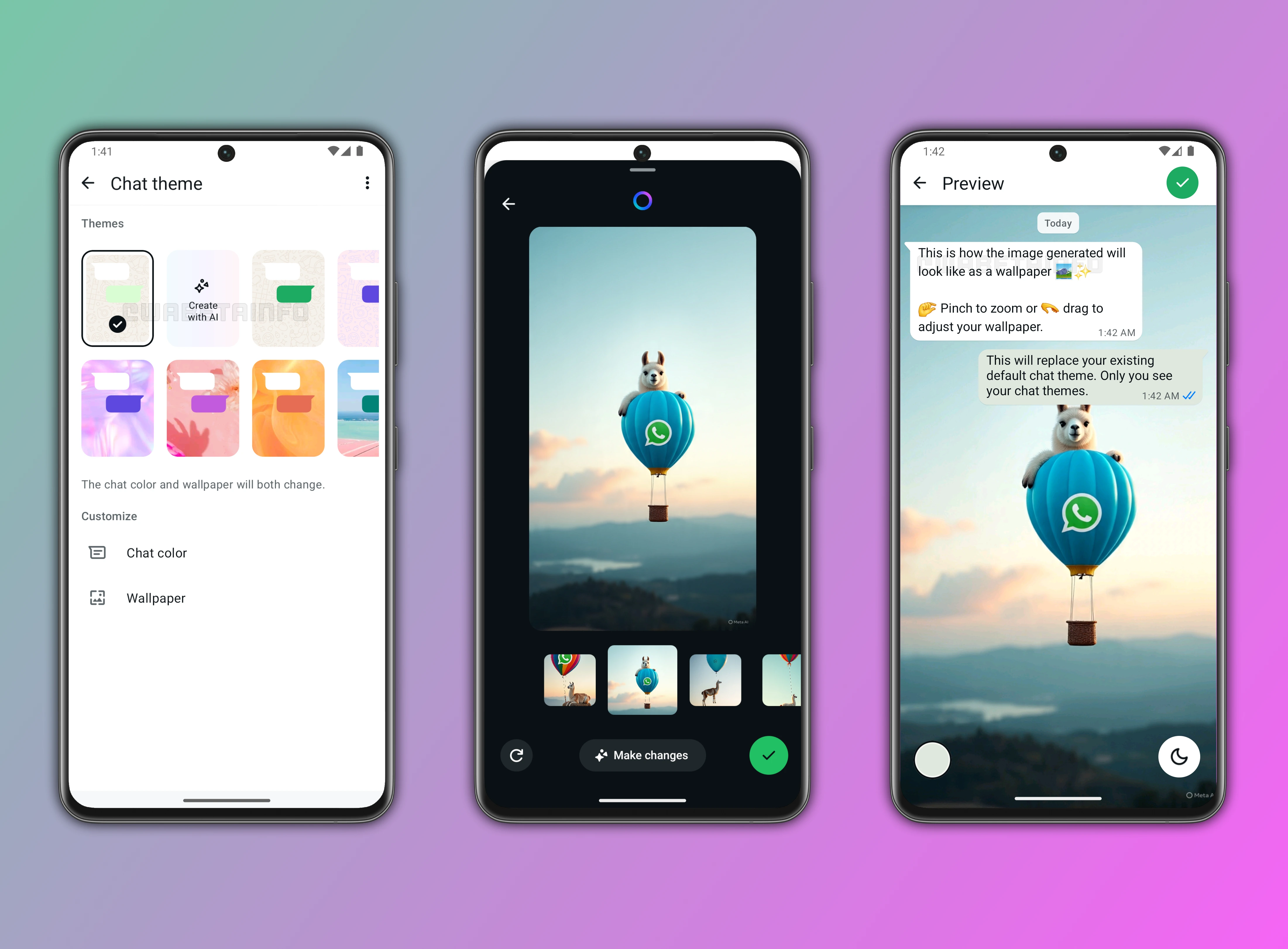 Screenshot showing the ability to generate AI-powered wallpapers for WhatsApp chat themes.