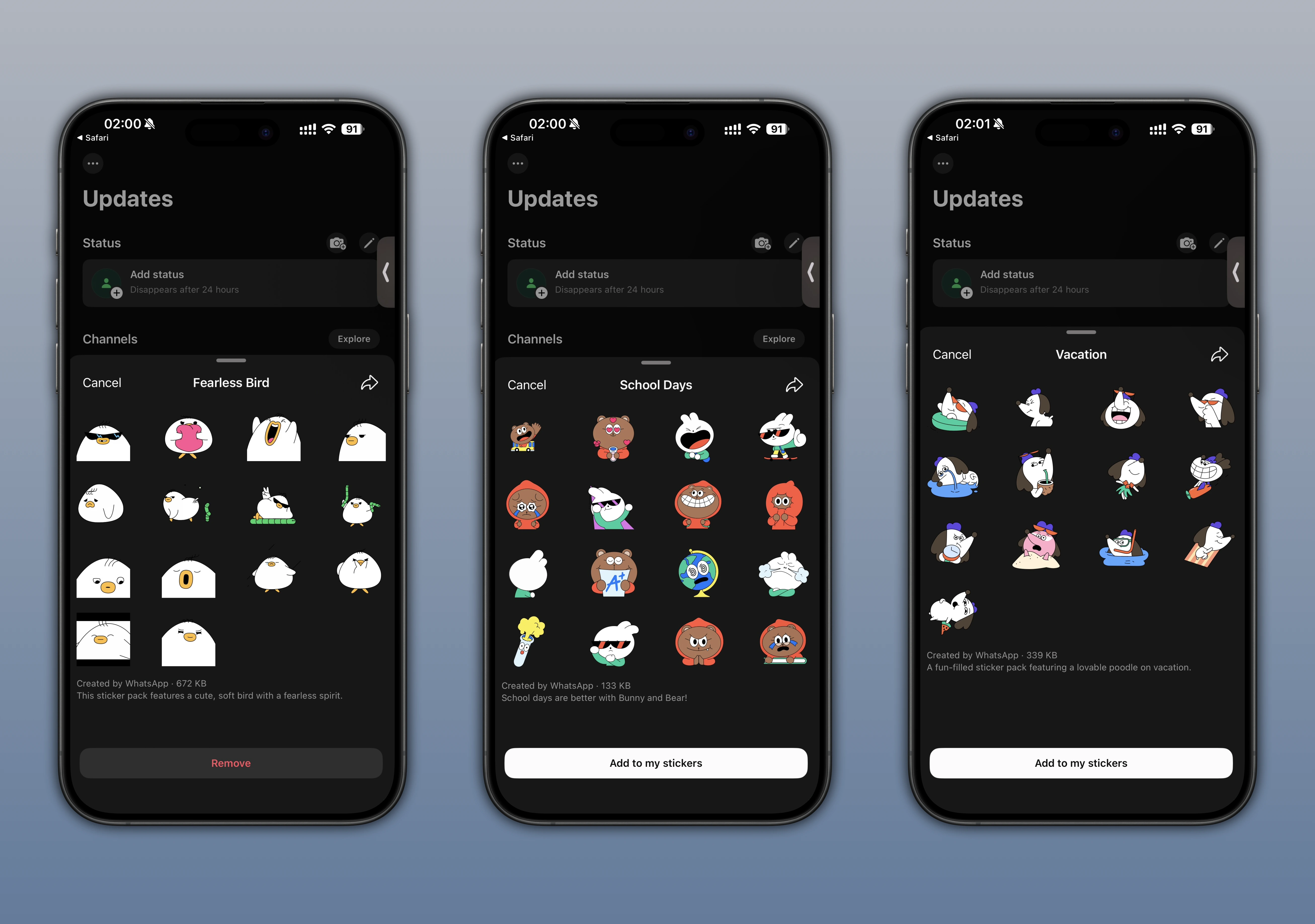Screenshot showing three new sticker packs: Fearless Bird, School Days, and Vacation.