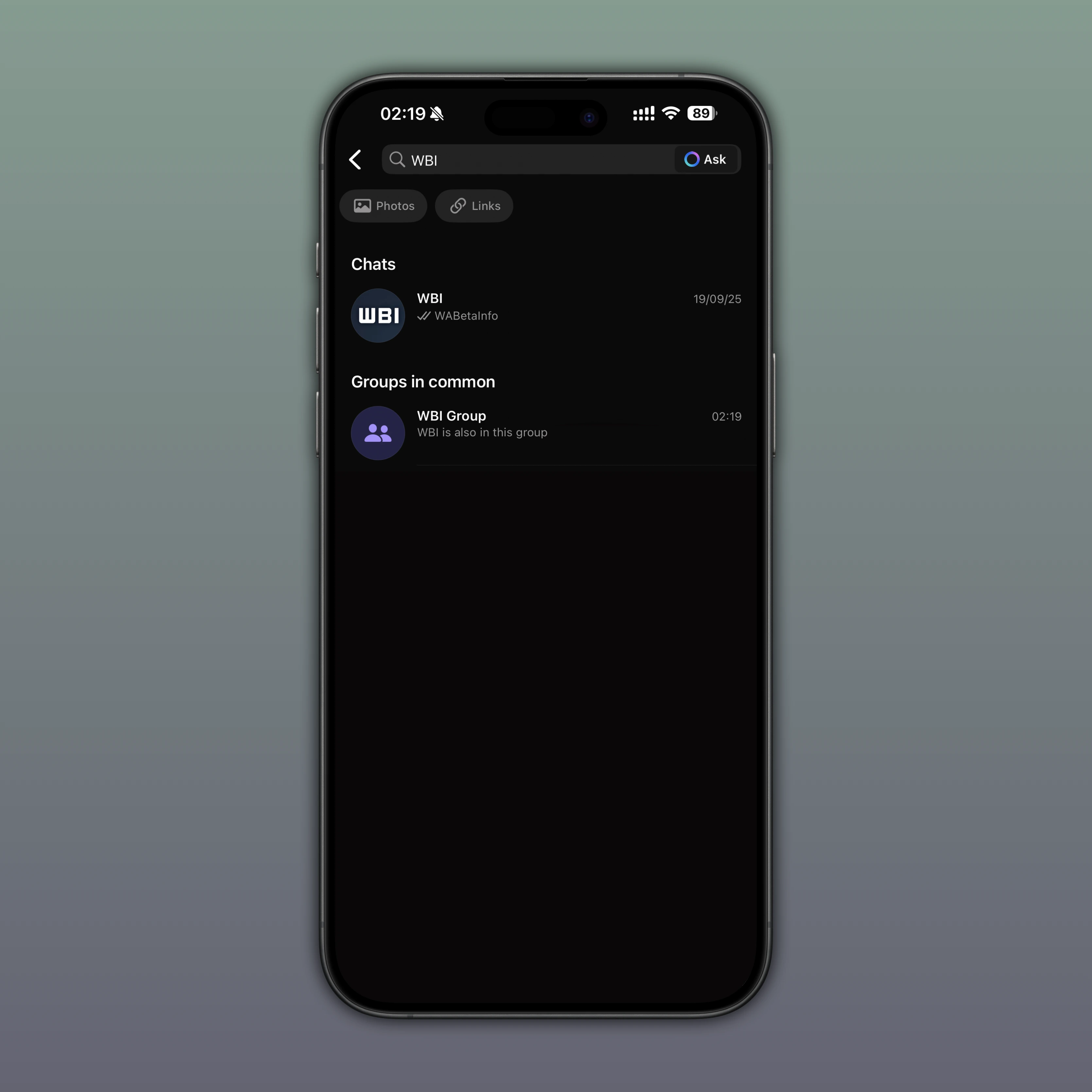 Screenshot showing a feature that lists group in commons when searching for chats and contacts on WhatsApp for iOS.