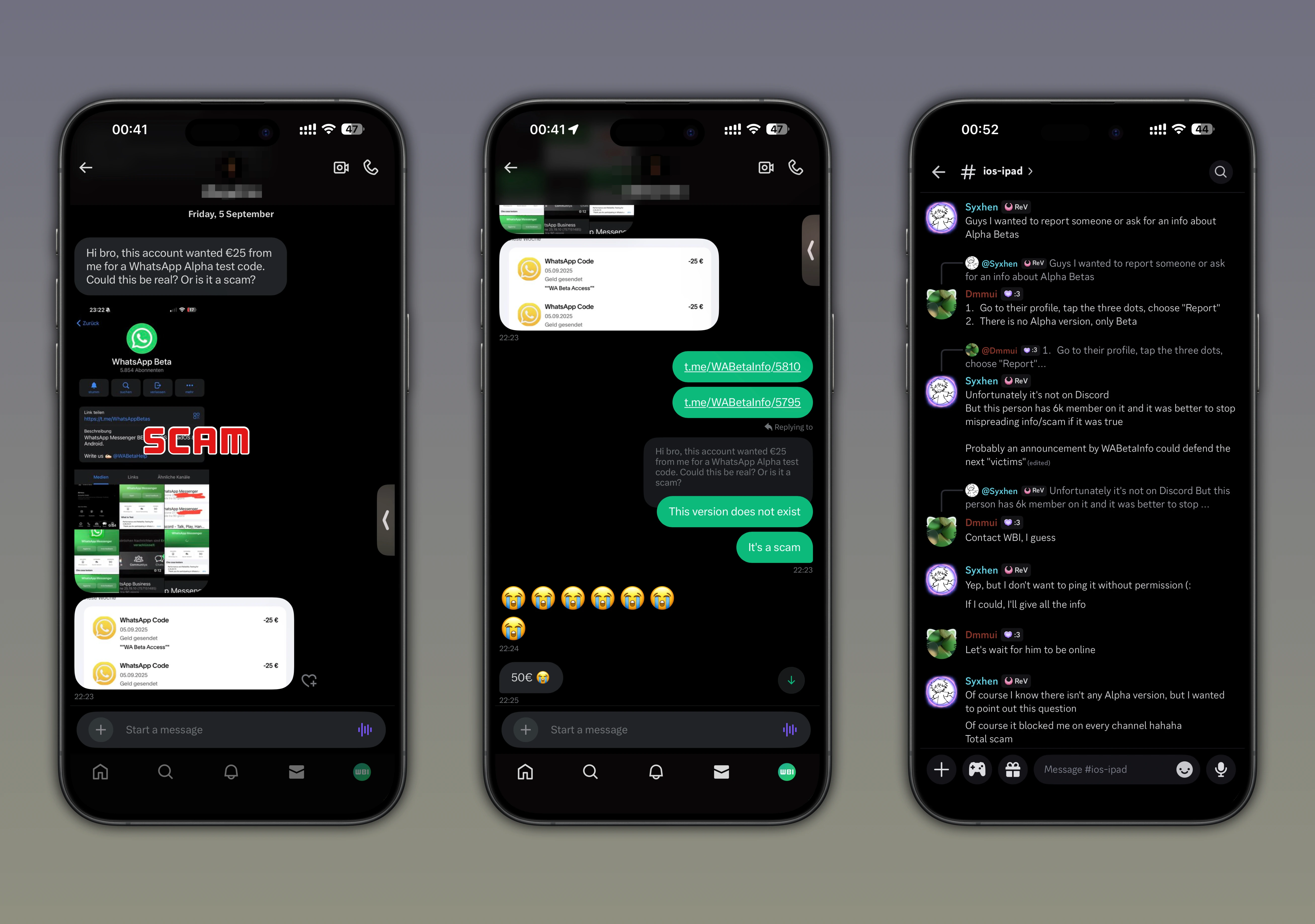 Screenshot showing two discussions with users who reported the scam