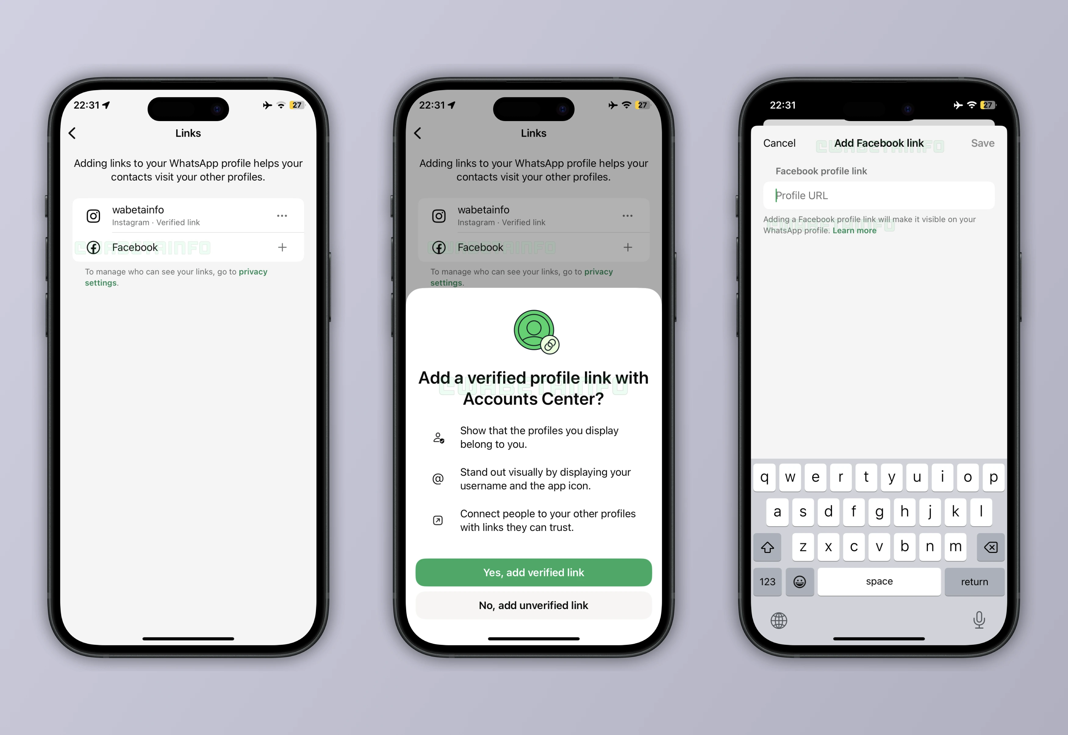 Screenshot showing the ability to add a Facebook profile link, a new feature available on WhatsApp beta for iOS.
