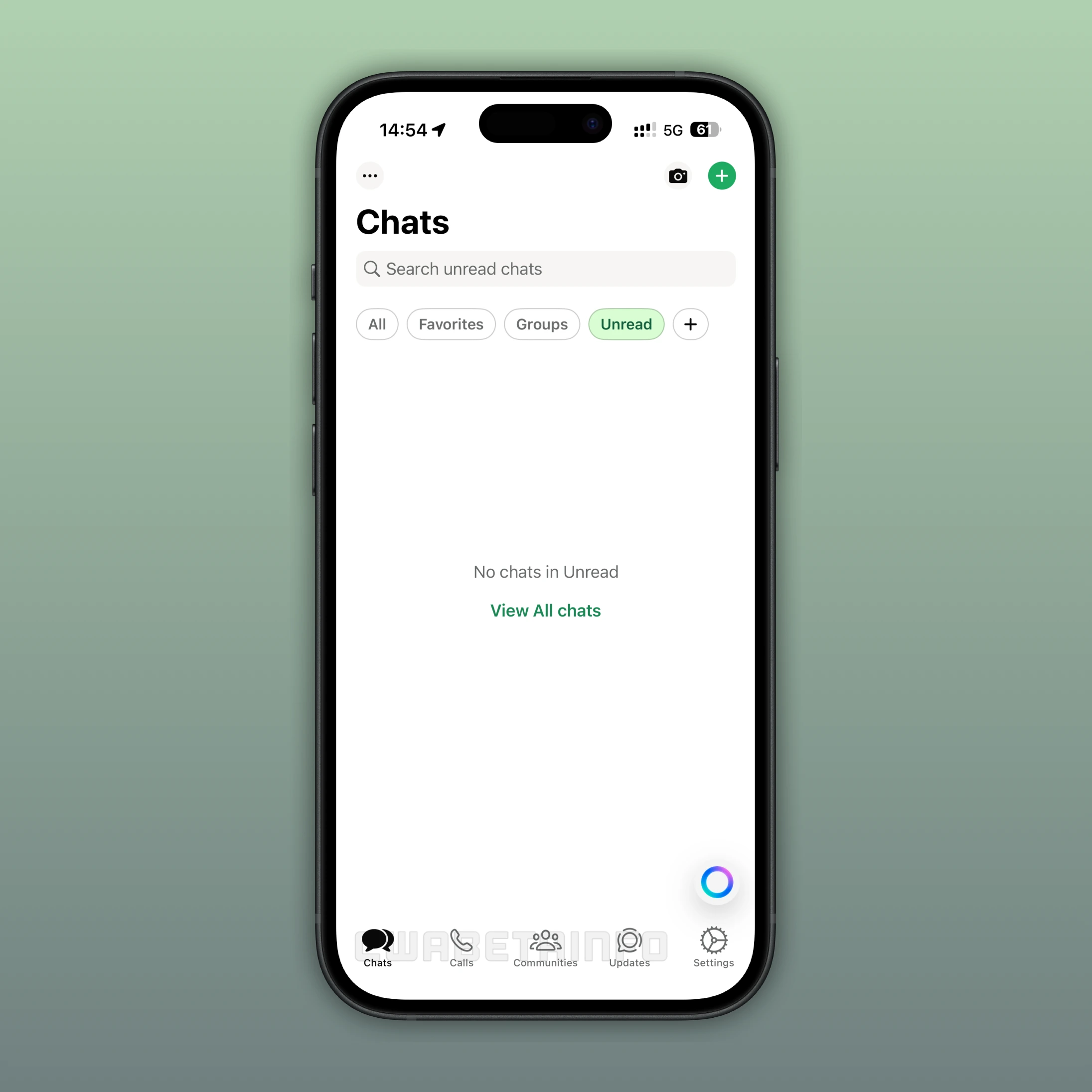 Screenshot showing the main WhatsApp for iOS interface, with the Chats and Updates tabs swapped.