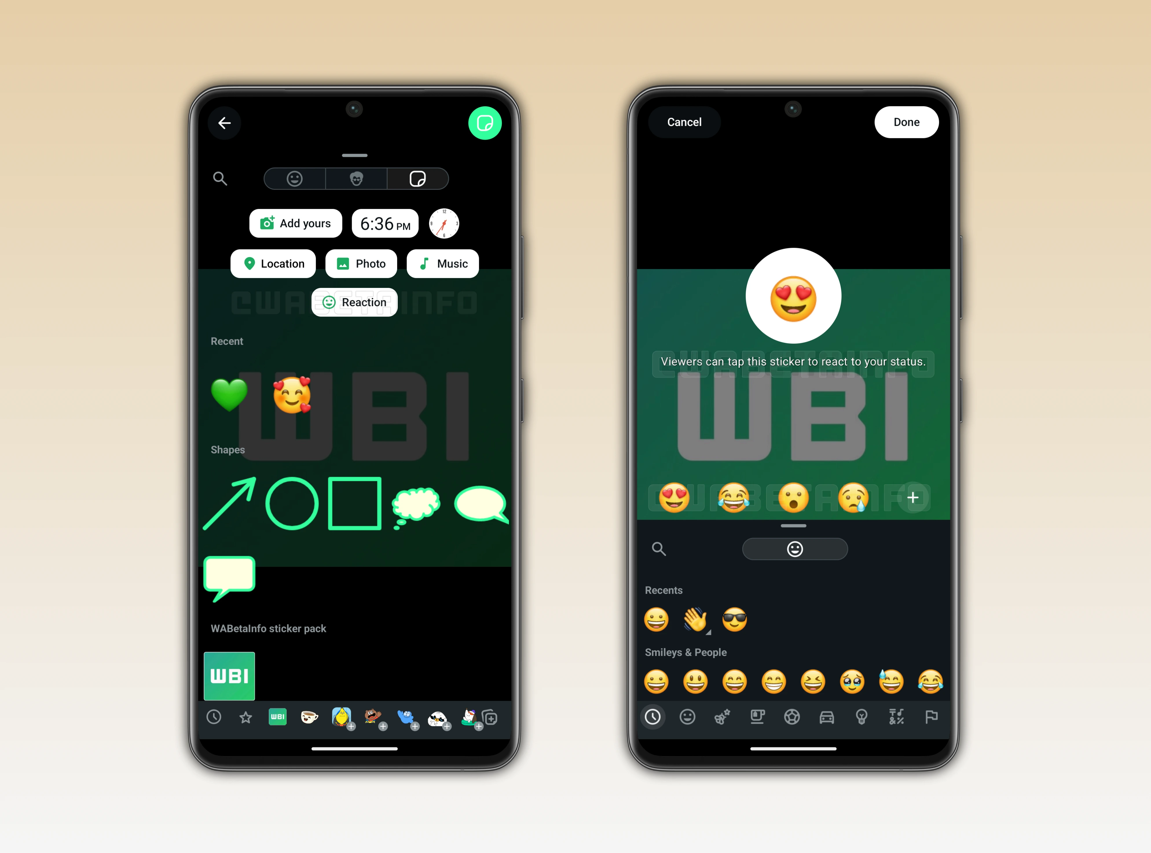 WhatsApp reaction sticker feature for Status Updates on Android showing interactive emoji reactions