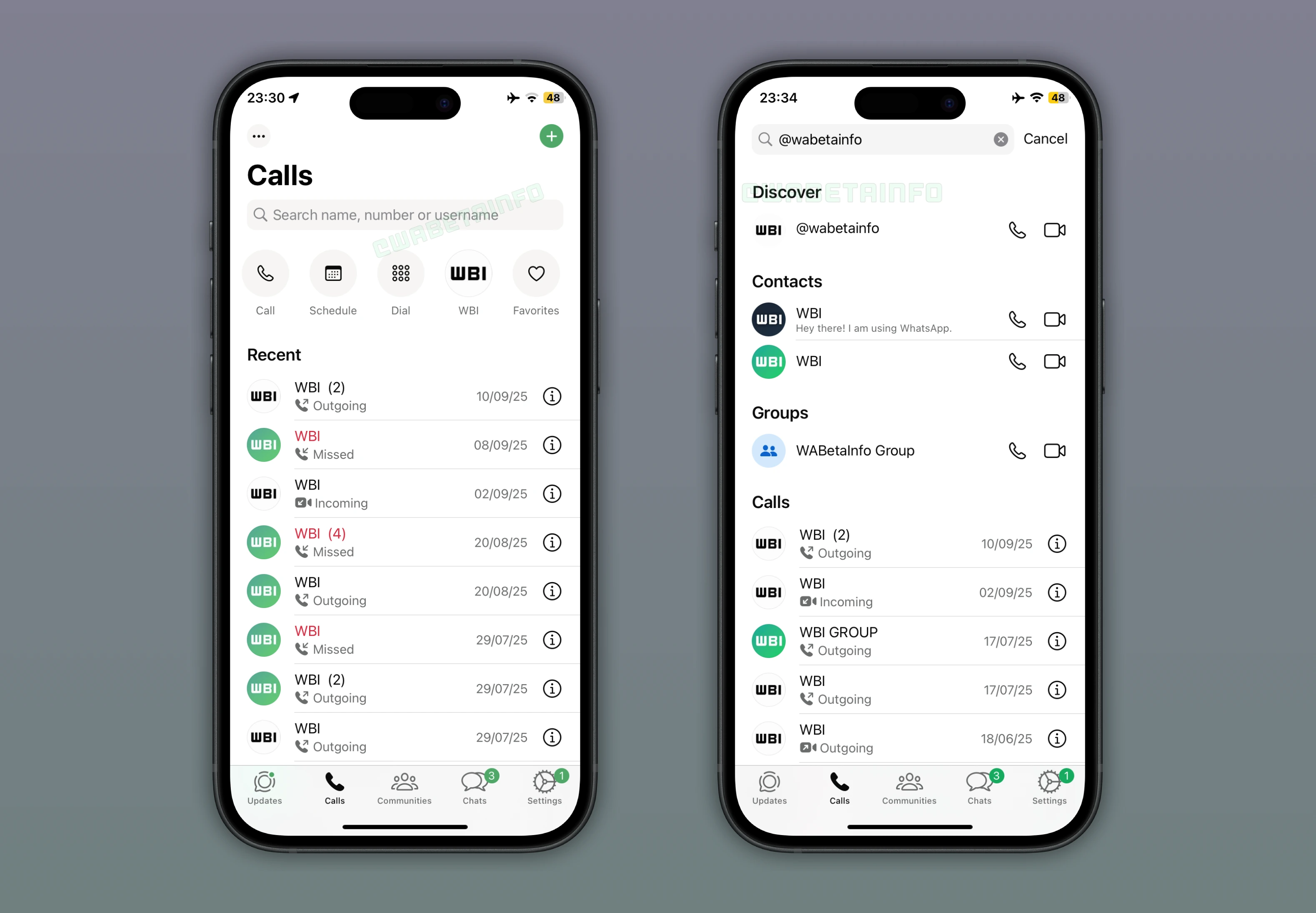 Screenshot showing a feature that lets users search and call others using their username on WhatsApp for iOS