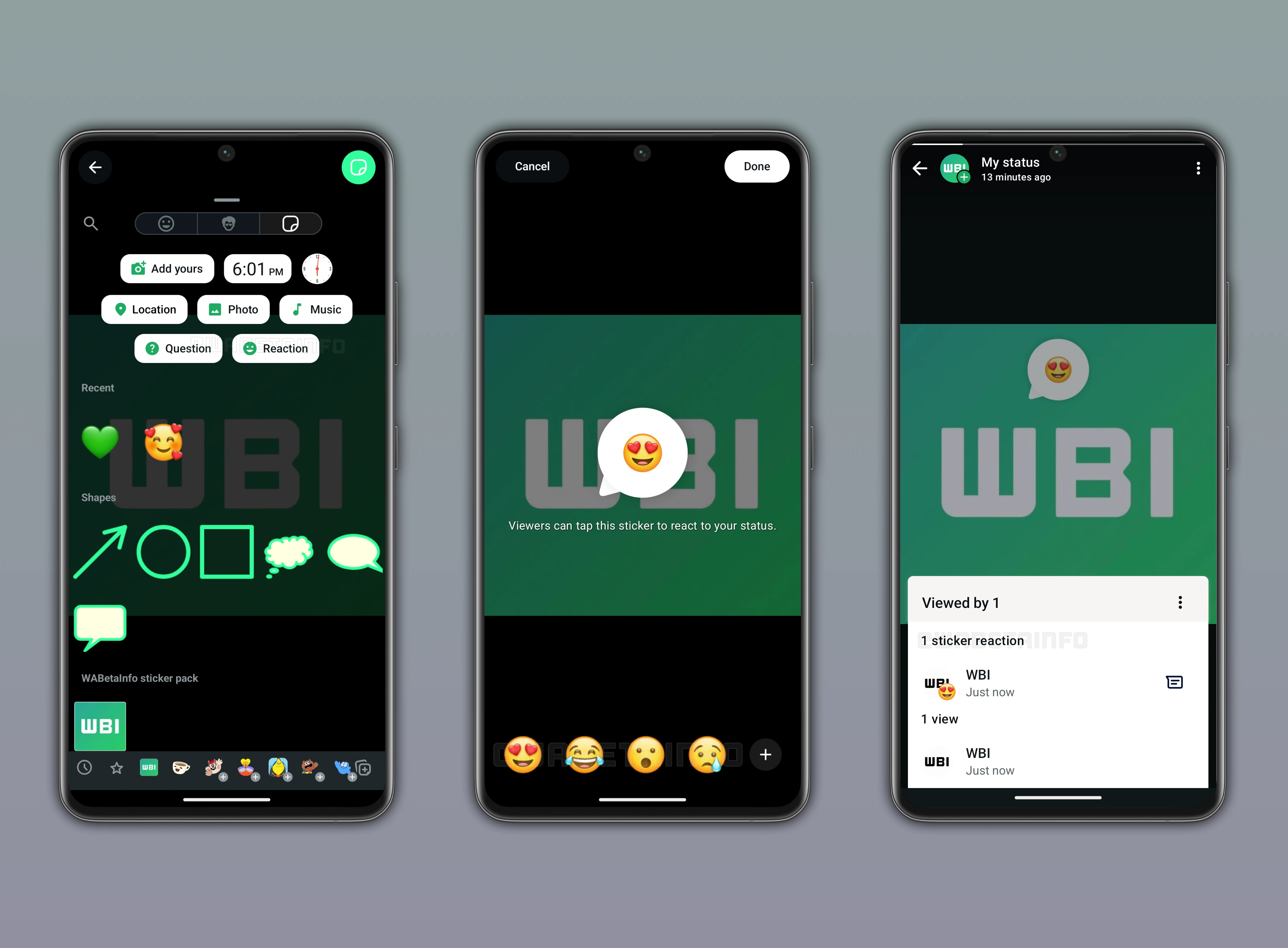 WhatsApp reaction sticker feature for Status Updates on Android showing interactive emoji reactions