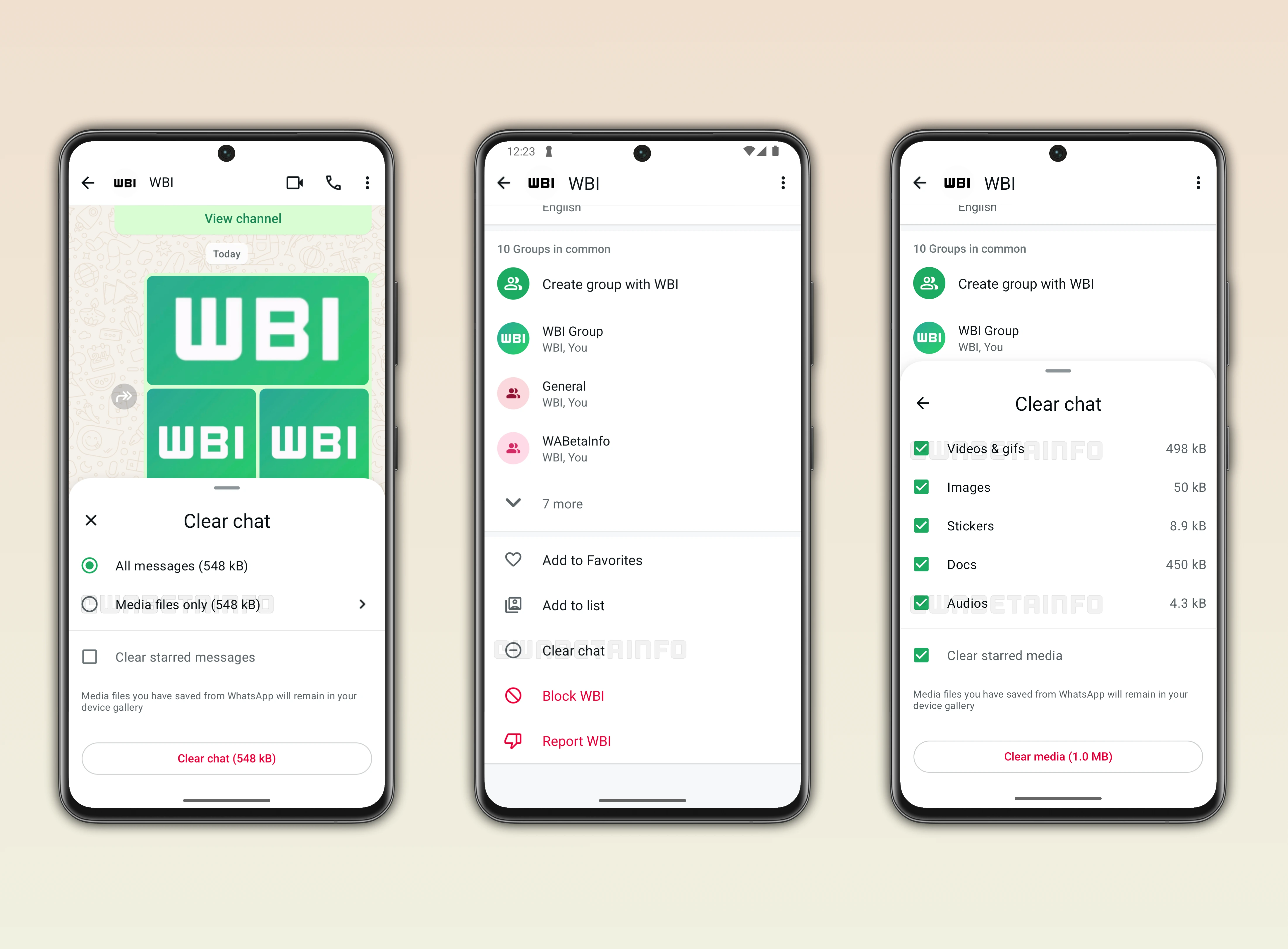 Screenshot showing how to clear chats with the new WhatsApp beta for Android update