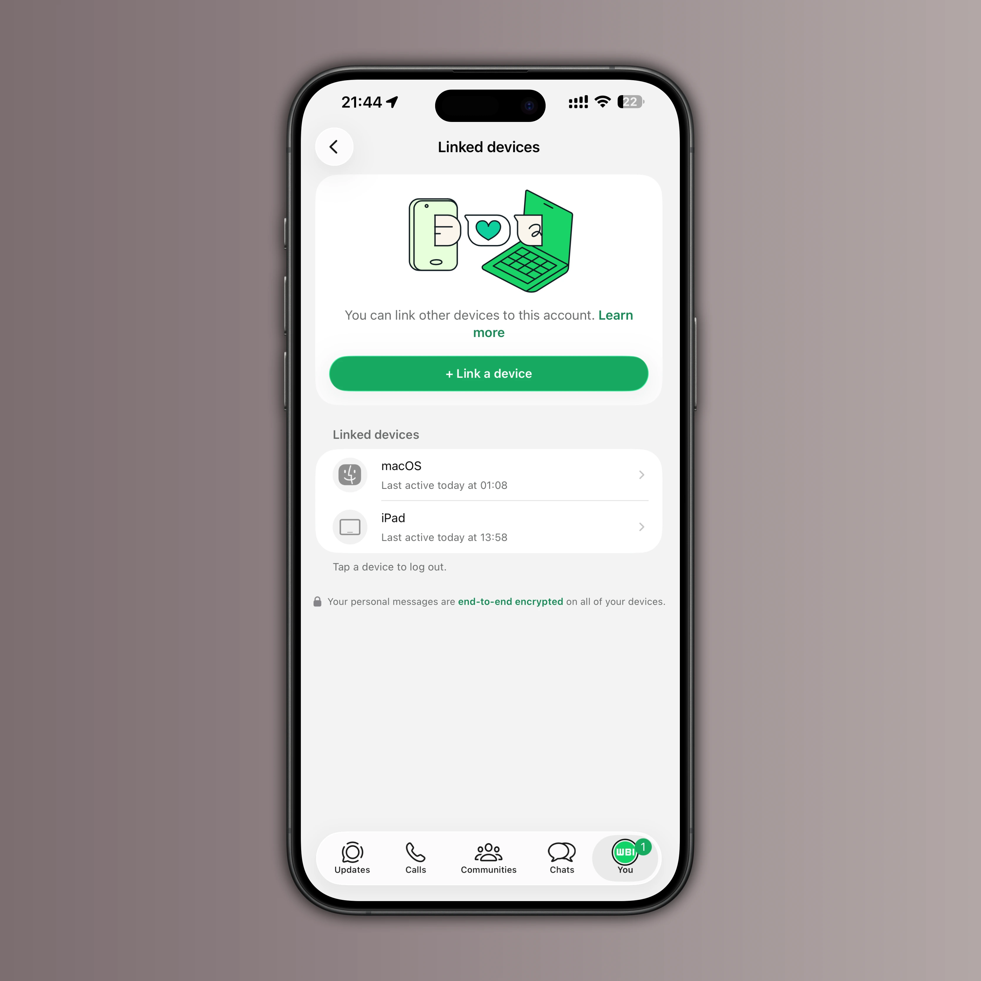 Screenshot showing the Linked Devices screen on WhatsApp