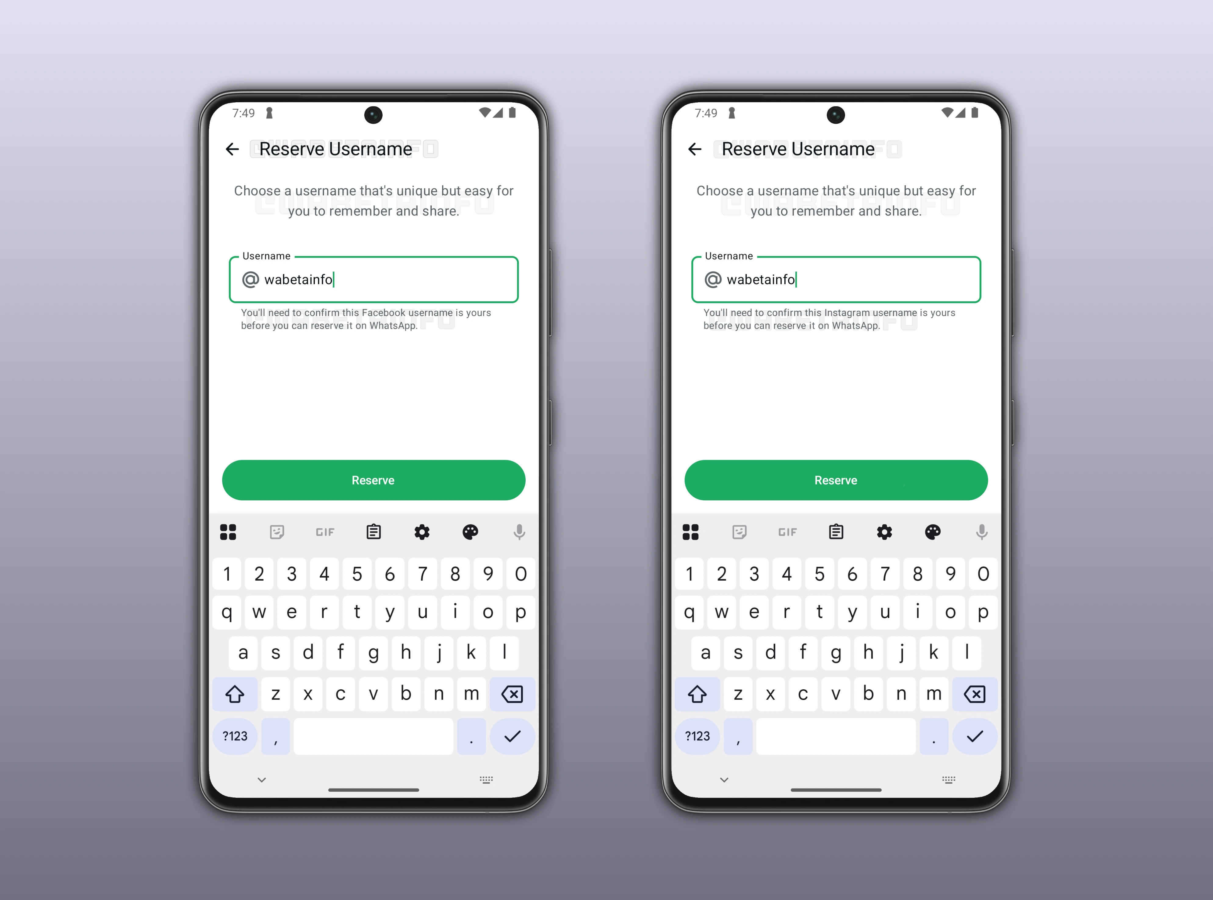 Screenshot showing how to reserve the same usernames used on Facebook and Instagram from WhatsApp for Android