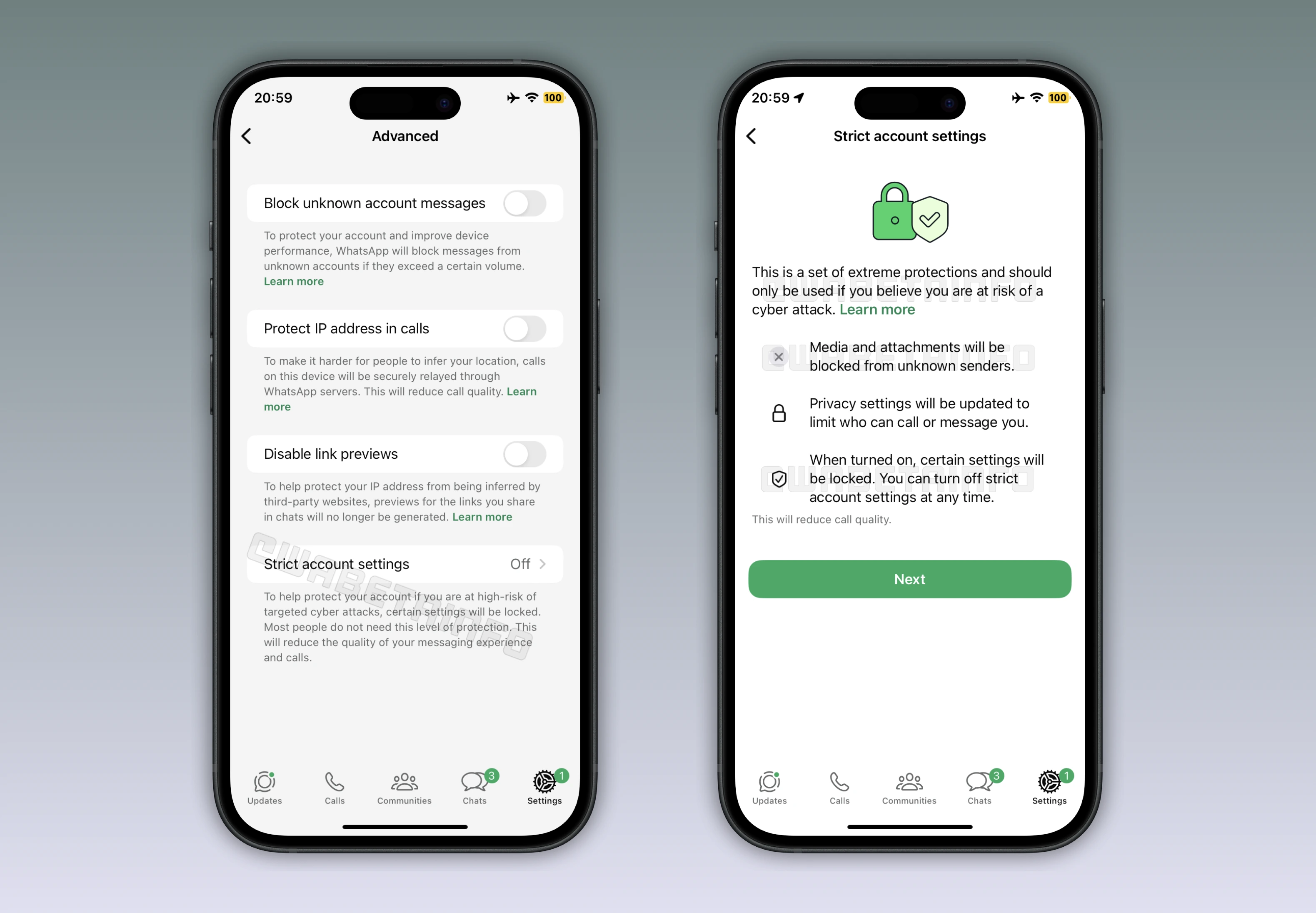 Screenshot showing how people can apply strict security settings to their accounts on WhatsApp beta for iOS