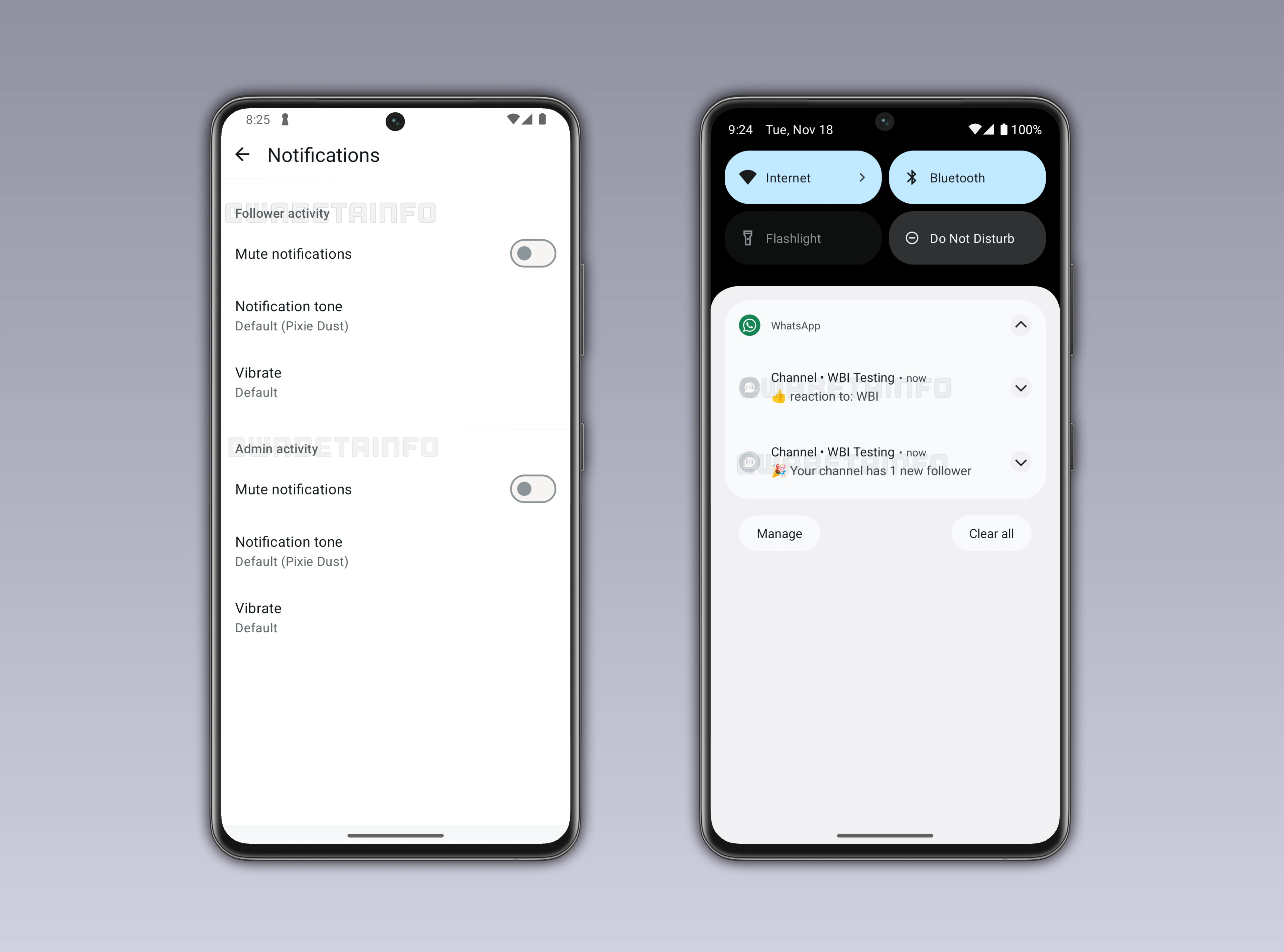 Screenshot showing how to manage notification activity settings for channels on WhatsApp beta for Android