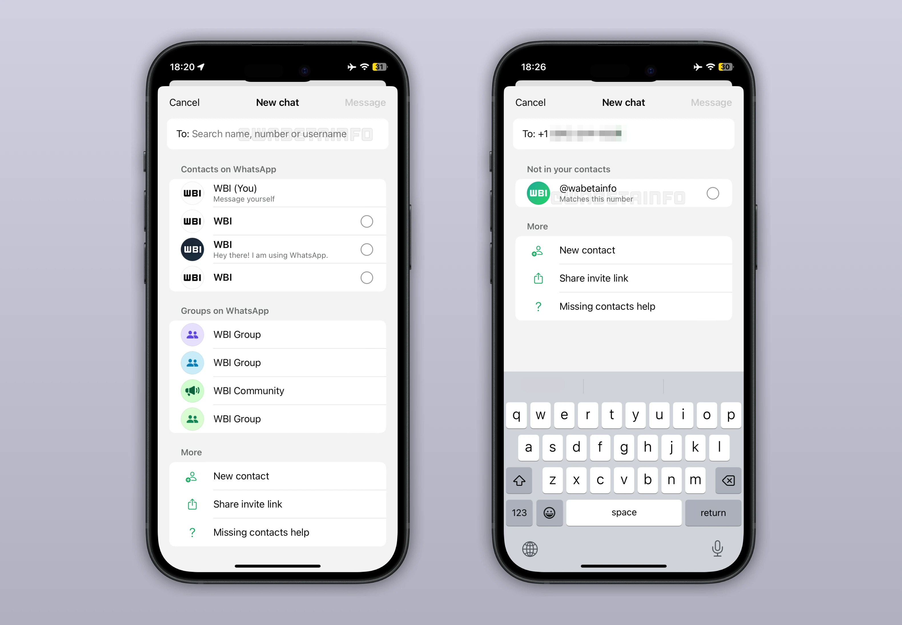 Screenshot showing a feature that lets users search for unknown phone numbers by usernames on WhatsApp beta for iOS