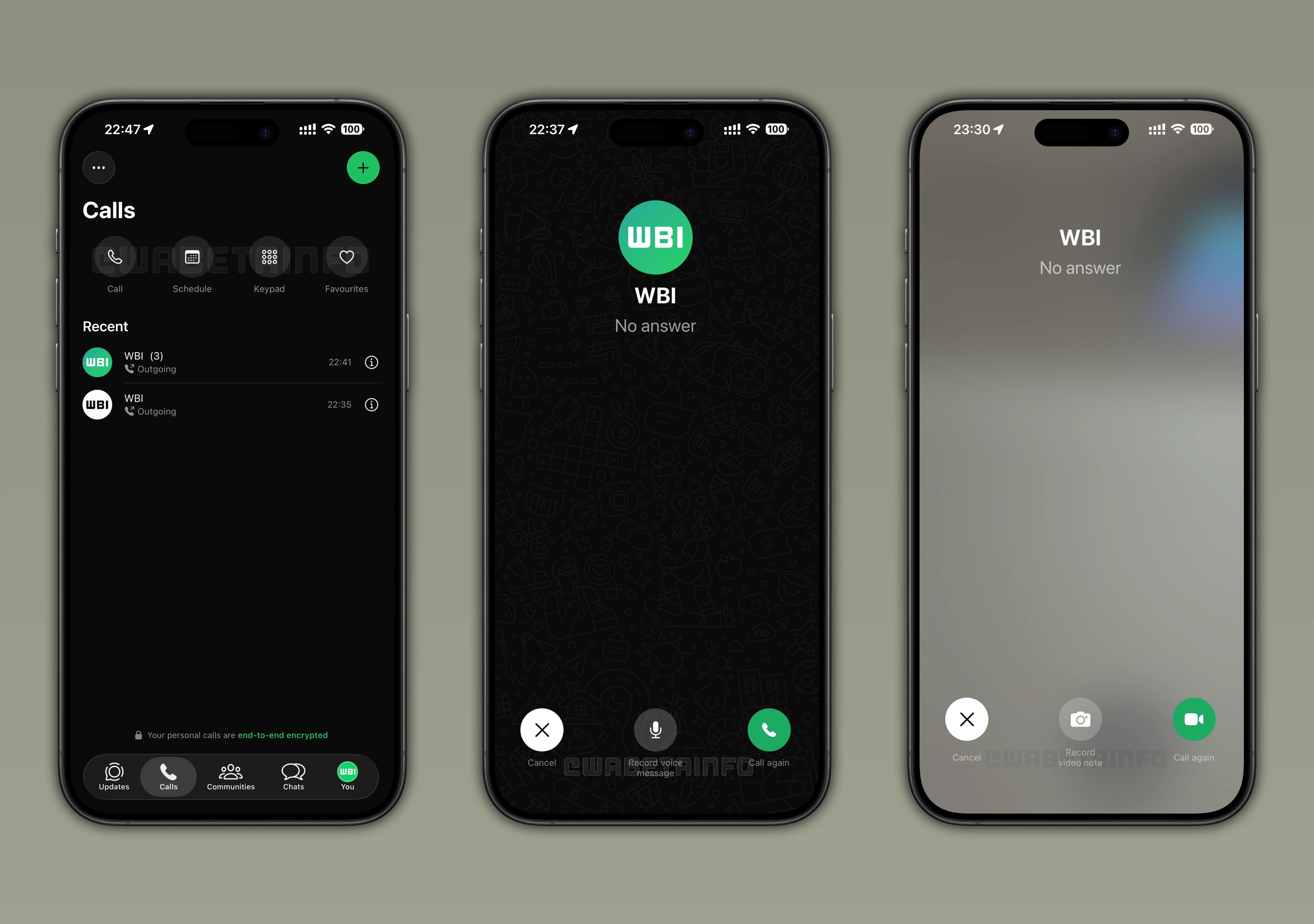 Screenshot showing the new Calls tab redesign on iOS, with options to record voice and video messages for missed calls