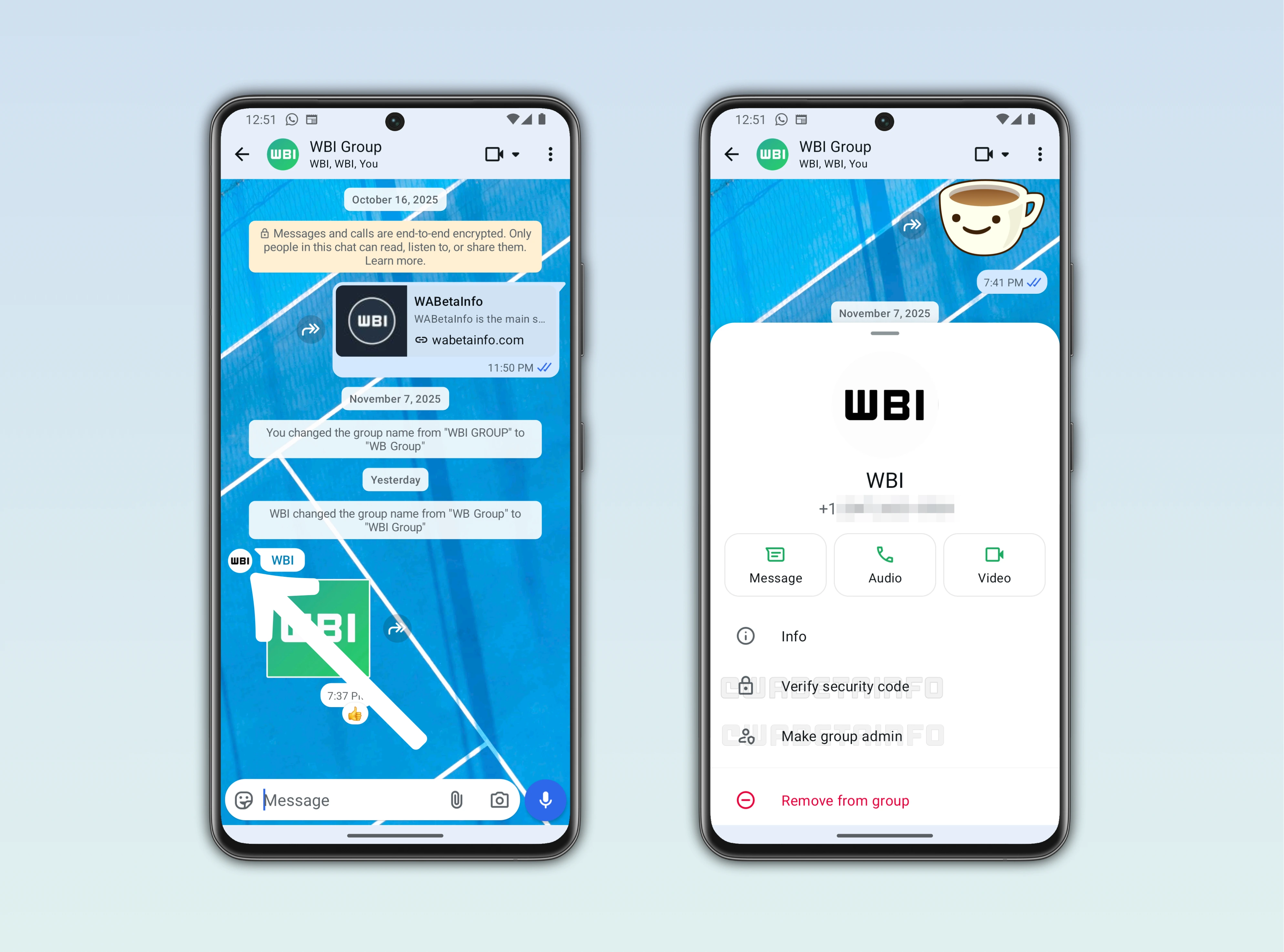 Screenshot showing the new contact info page in group chats, available with the latest update of WhatsApp for Android
