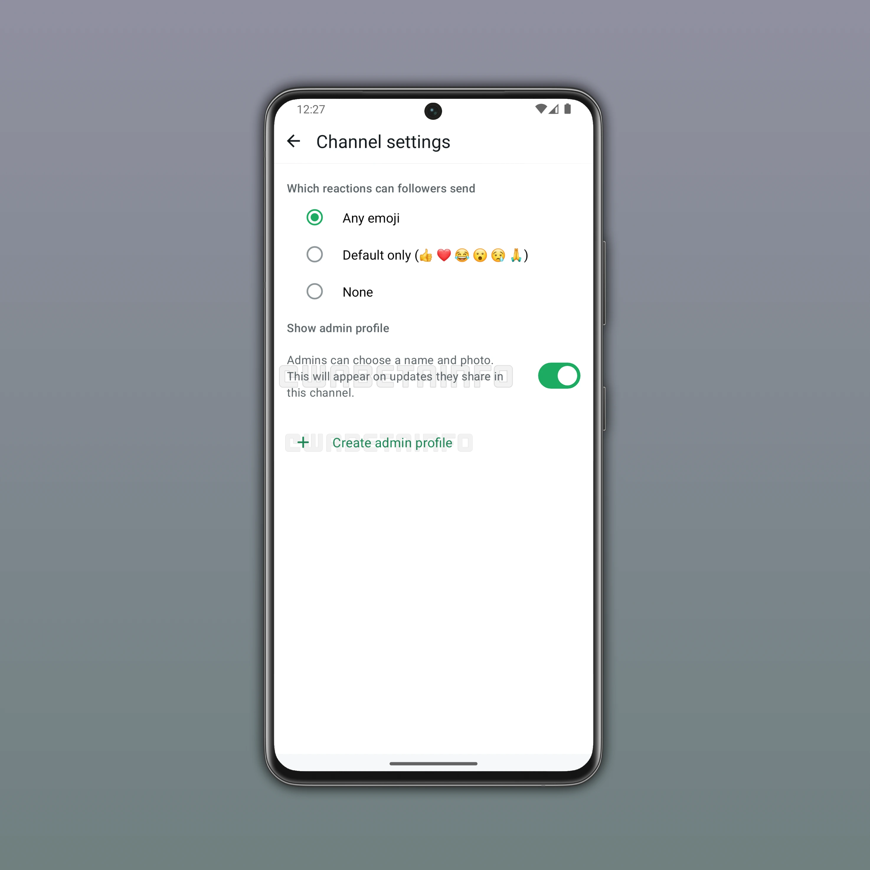 Screenshot showing a feature that allows channel admins to create and show a profile on WhatsApp beta for Android