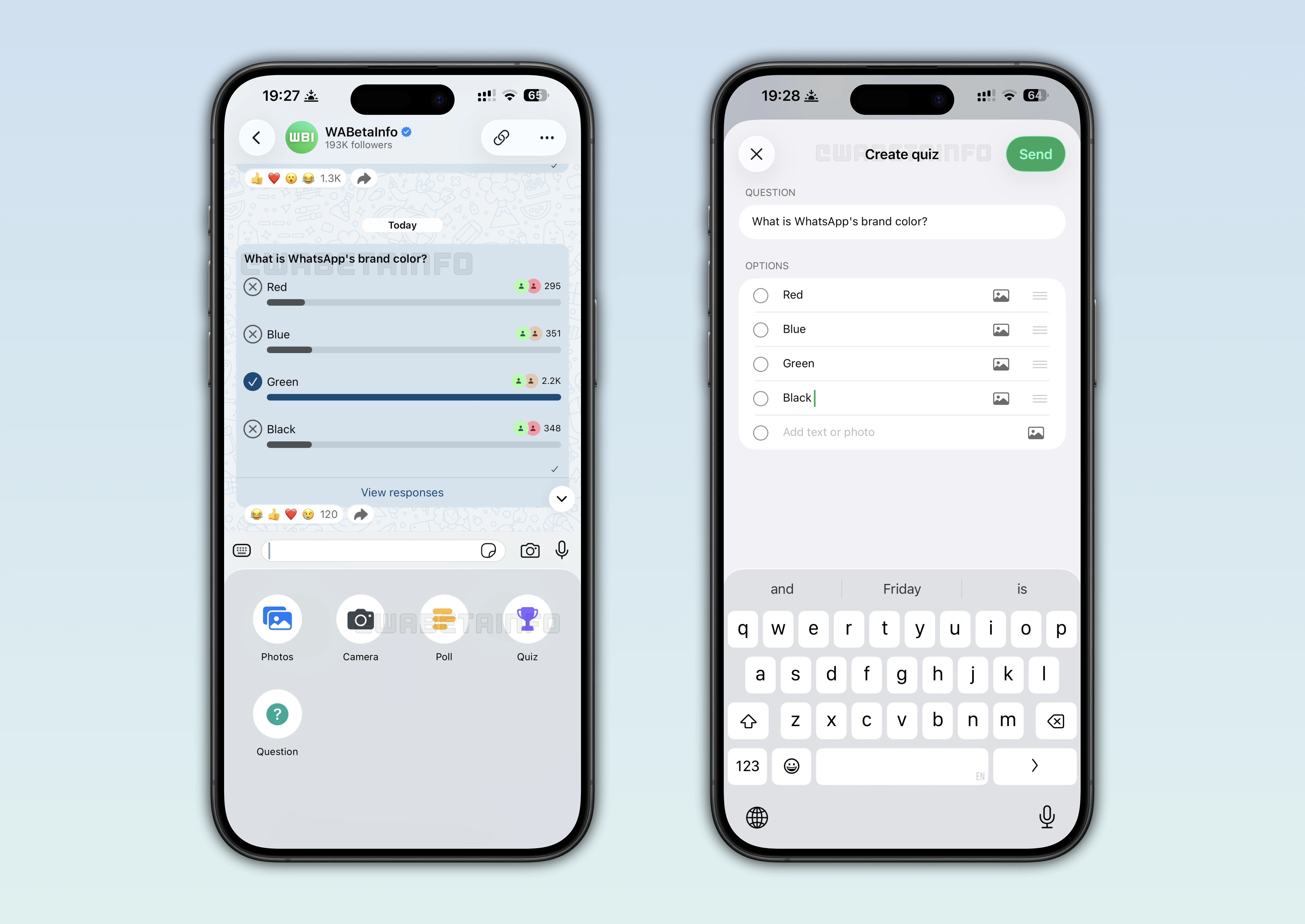Screenshot showing how to create a quiz for a WhatsApp channel on 