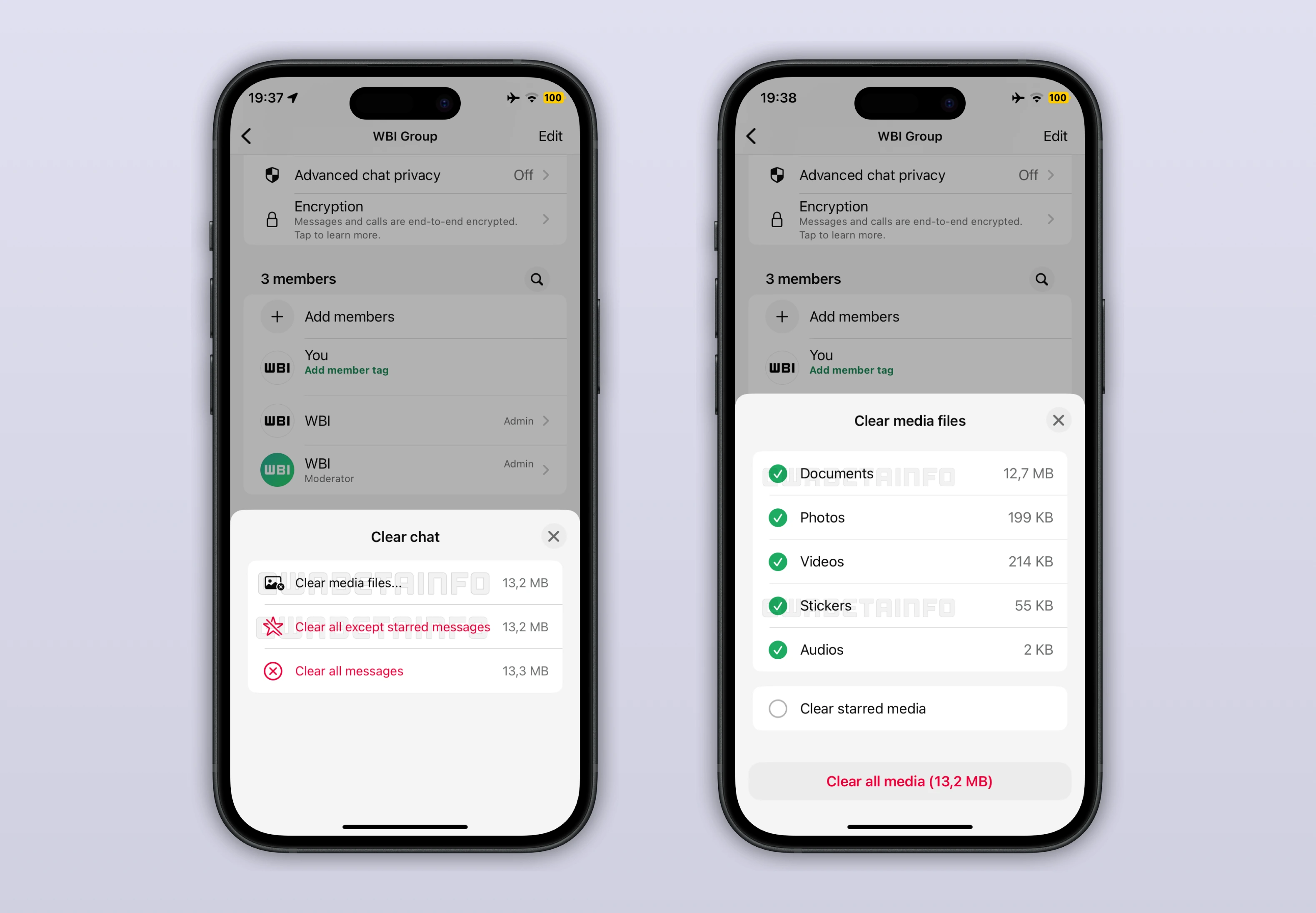 Screenshot showing how to clear chats with the new WhatsApp beta for iOS update