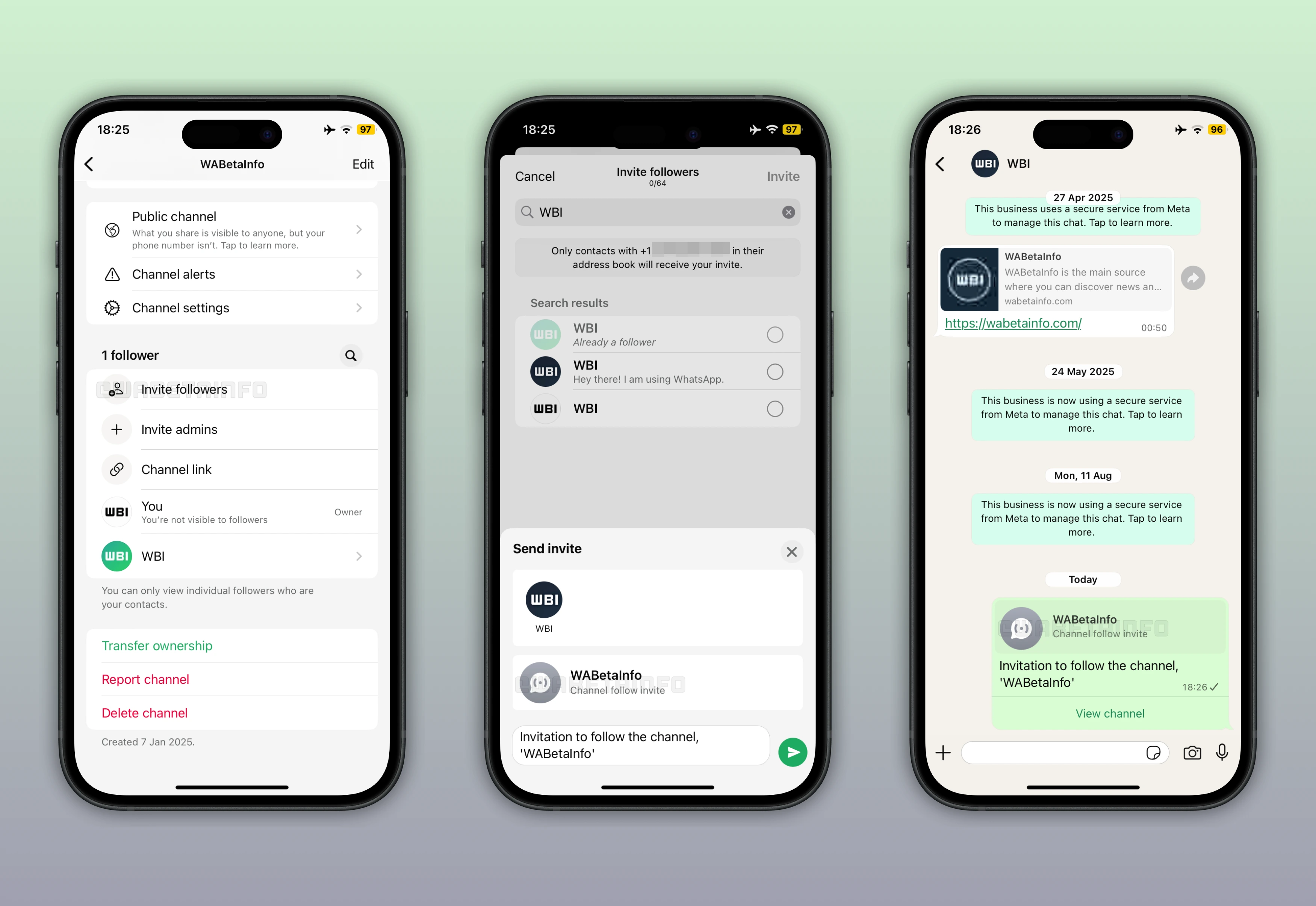Screenshot showing channel admins how to invite contacts to follow their channels on WhatsApp beta for iOS