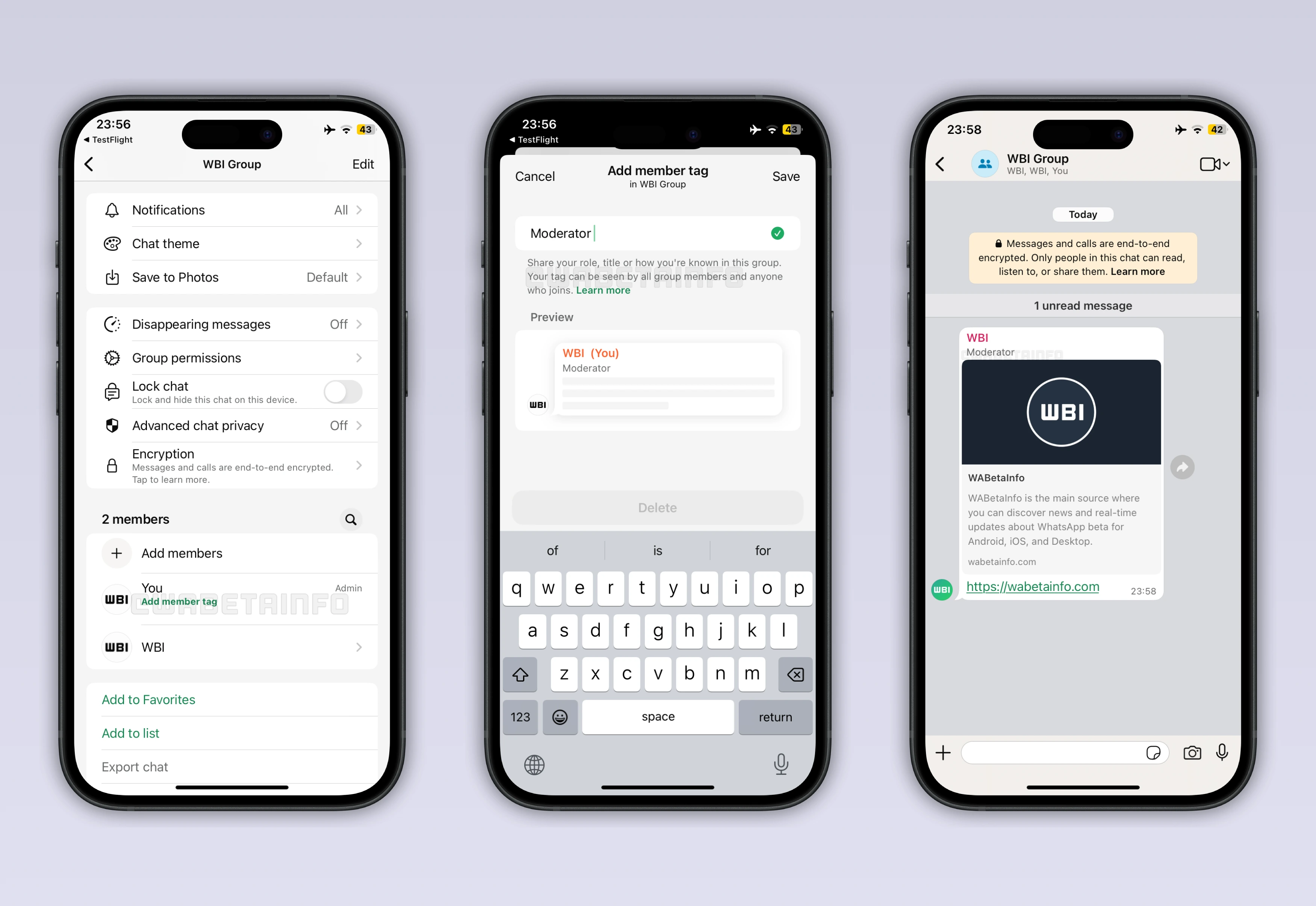 Screenshot showing a feature that lets users display a tag in their group chats on WhatsApp for iOS