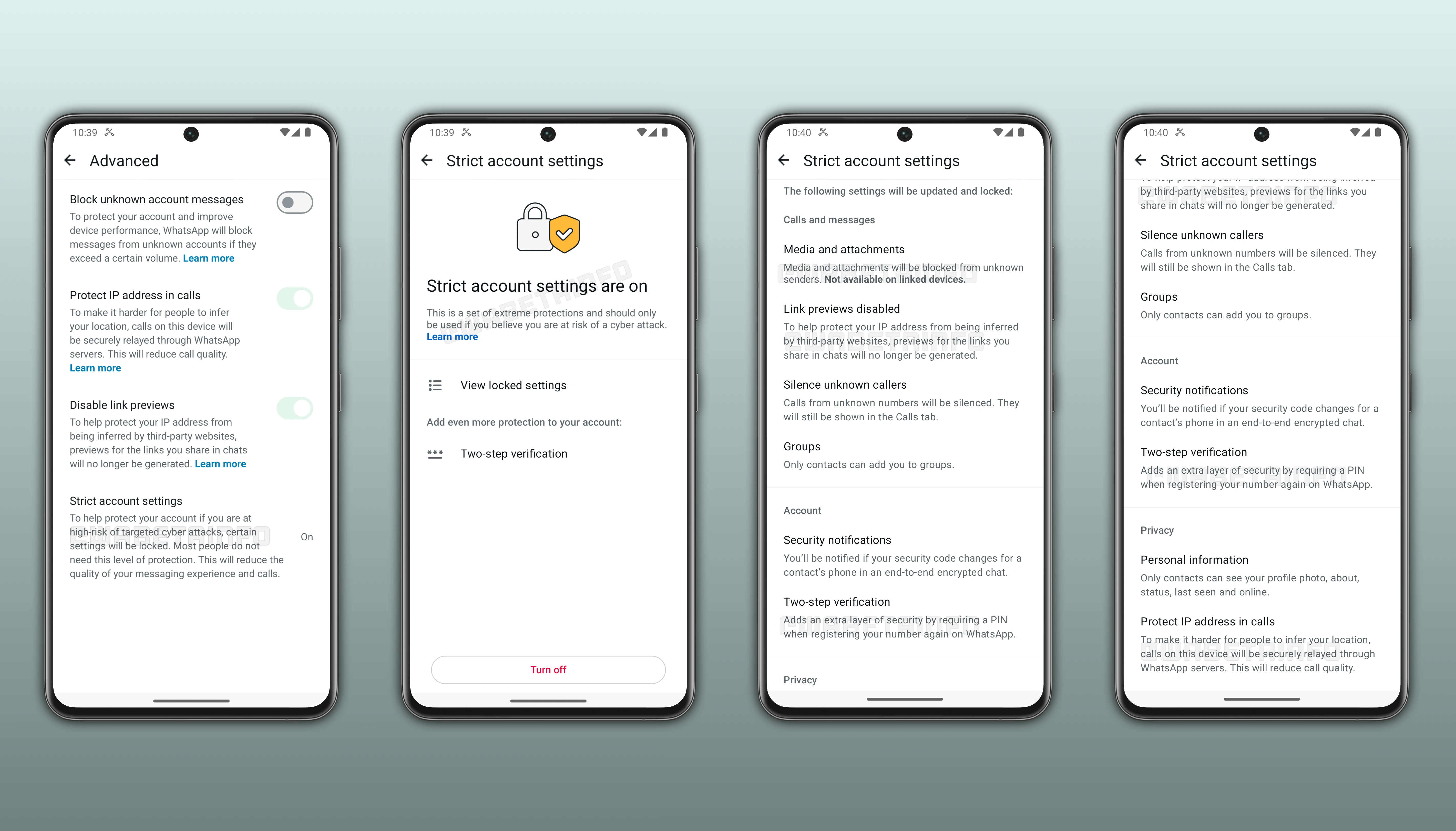 Screenshot showing how people can apply strict security settings to their accounts on WhatsApp beta for Android
