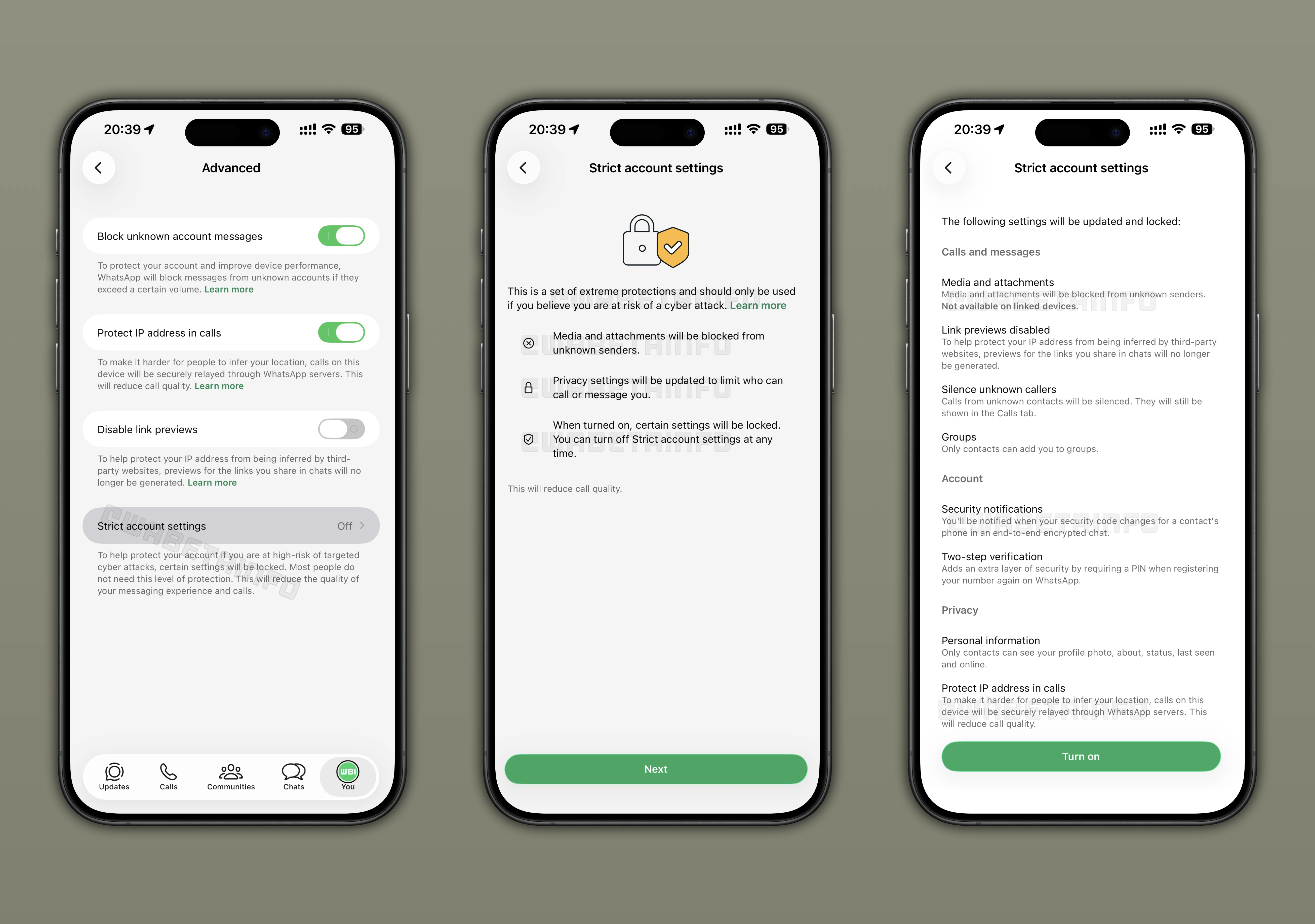 Screenshot showing how users can apply strict security settings to their accounts on WhatsApp beta for iOS