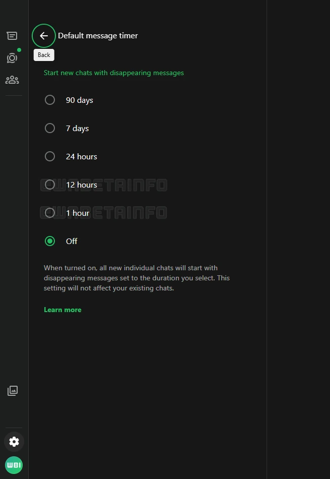 Screenshot showing a feature that lets users select additional timer options for disappearing messages on WhatsApp Web