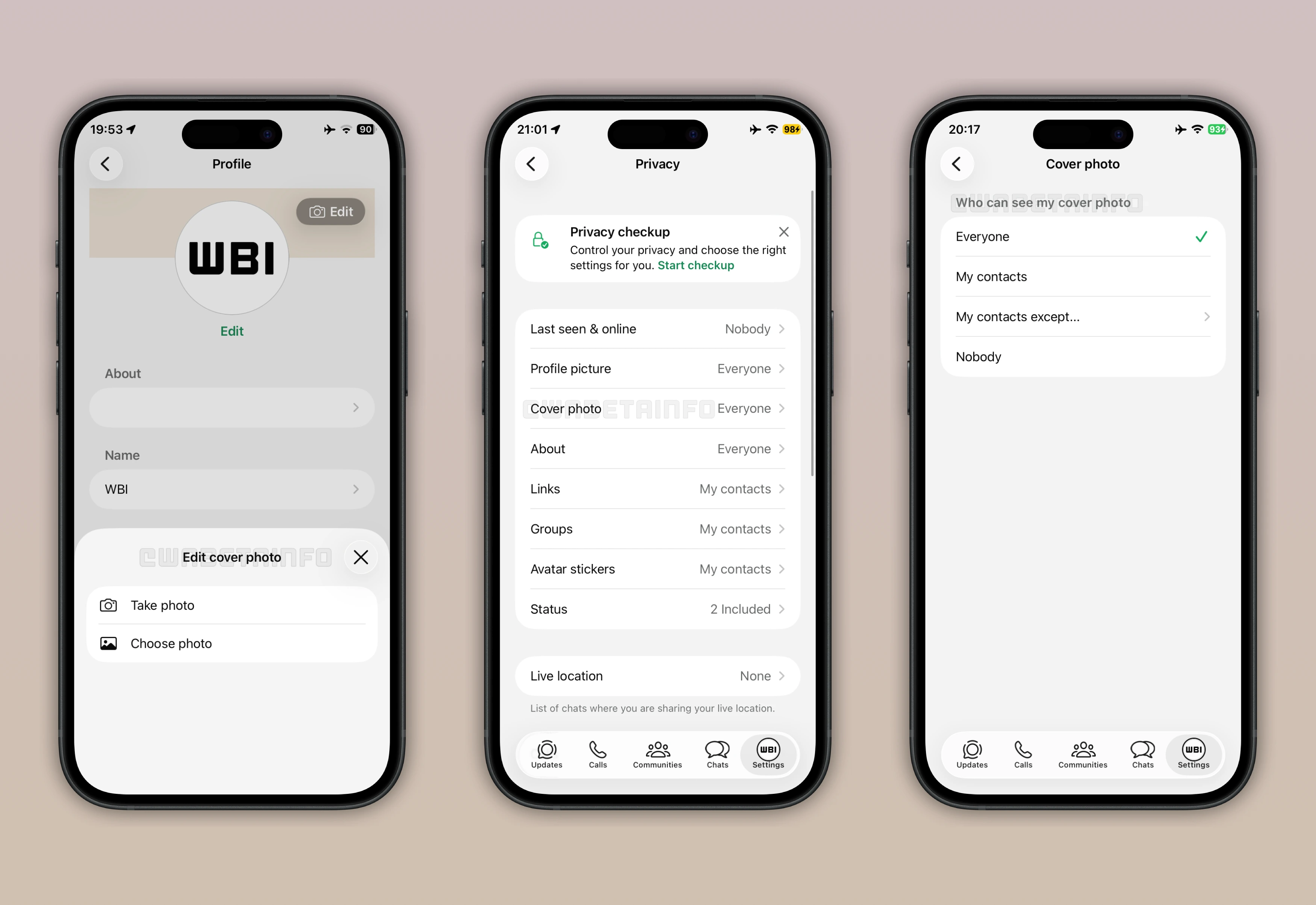 Screenshot showing how to choose a cover photo and configure its privacy settings on WhatsApp beta for iOS