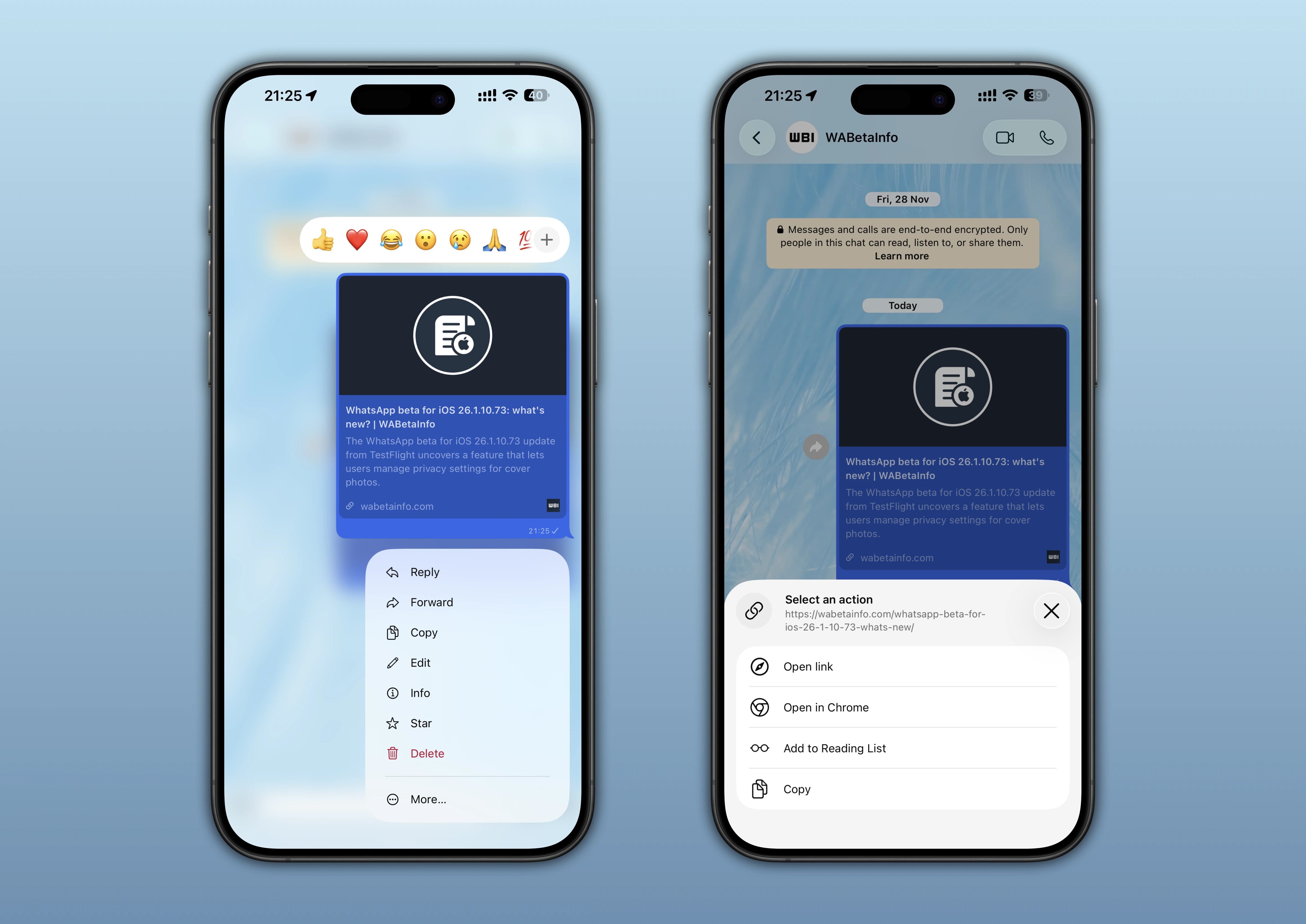 Screenshot showing a feature that makes link previews shared in chats clearer on WhatsApp for iOS