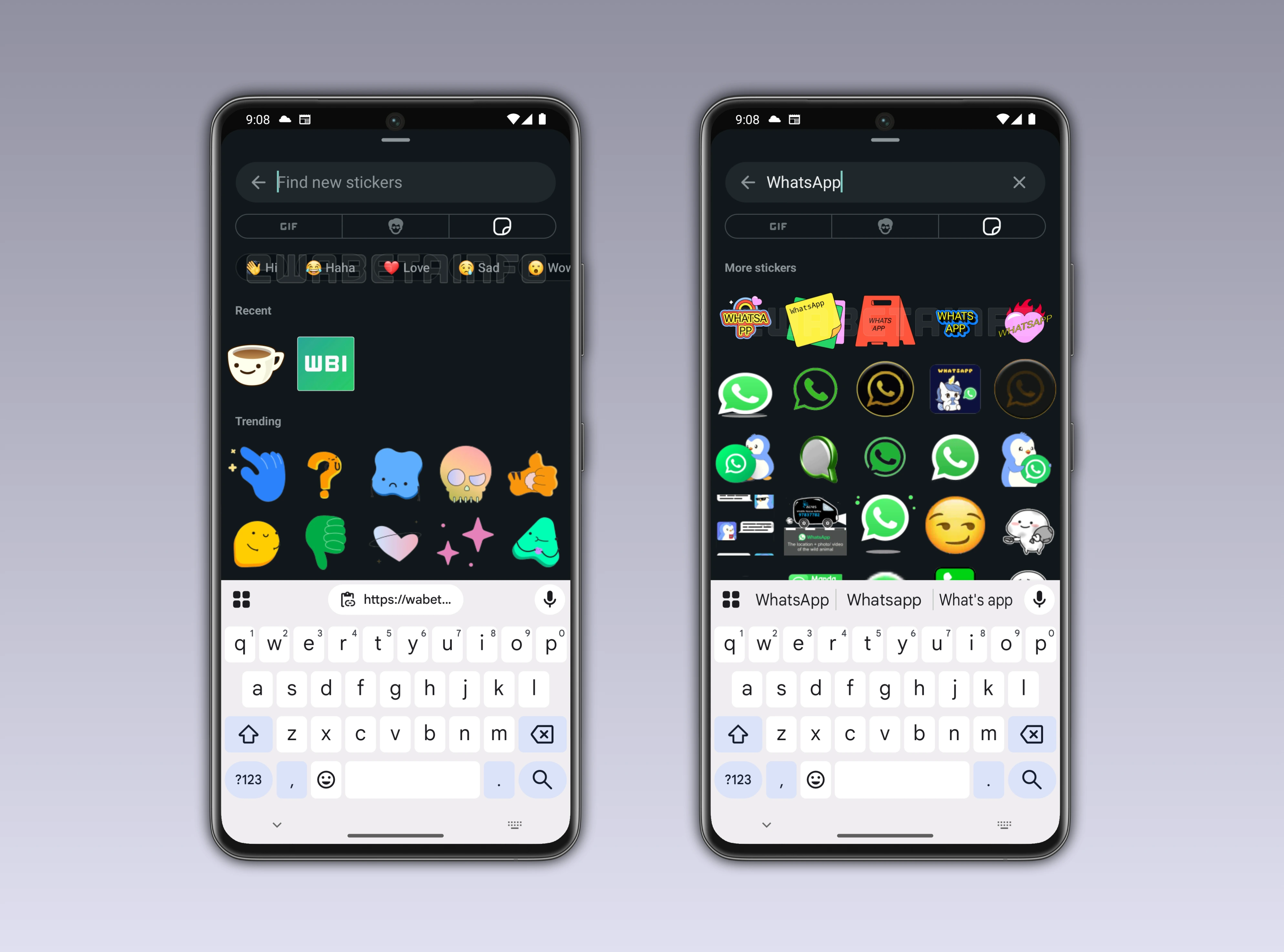 Screenshot showing how users can filter stickers and create custom text stickers on WhatsApp beta for Android