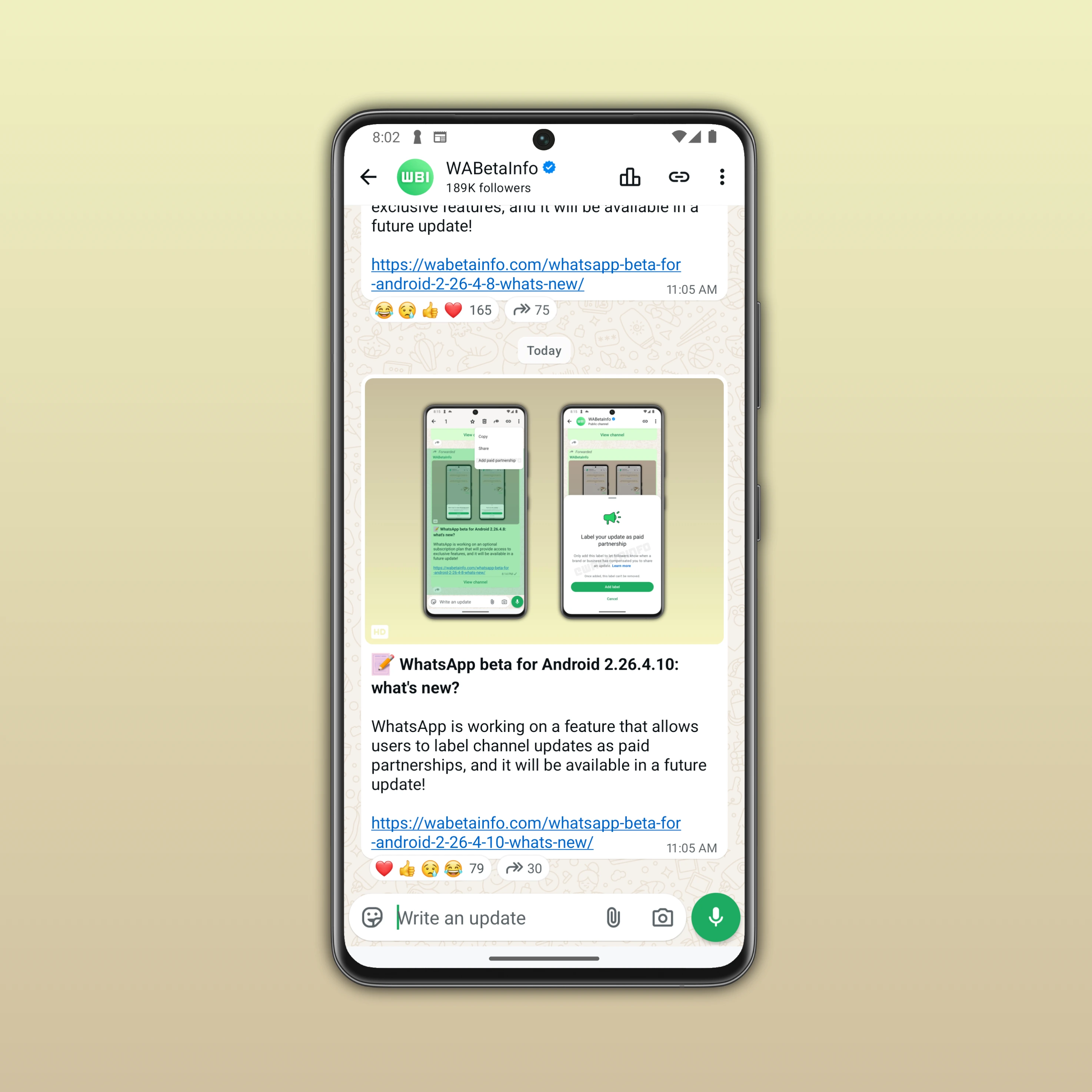 Image showing statistics for forwarded channel updates on WhatsApp beta for Android