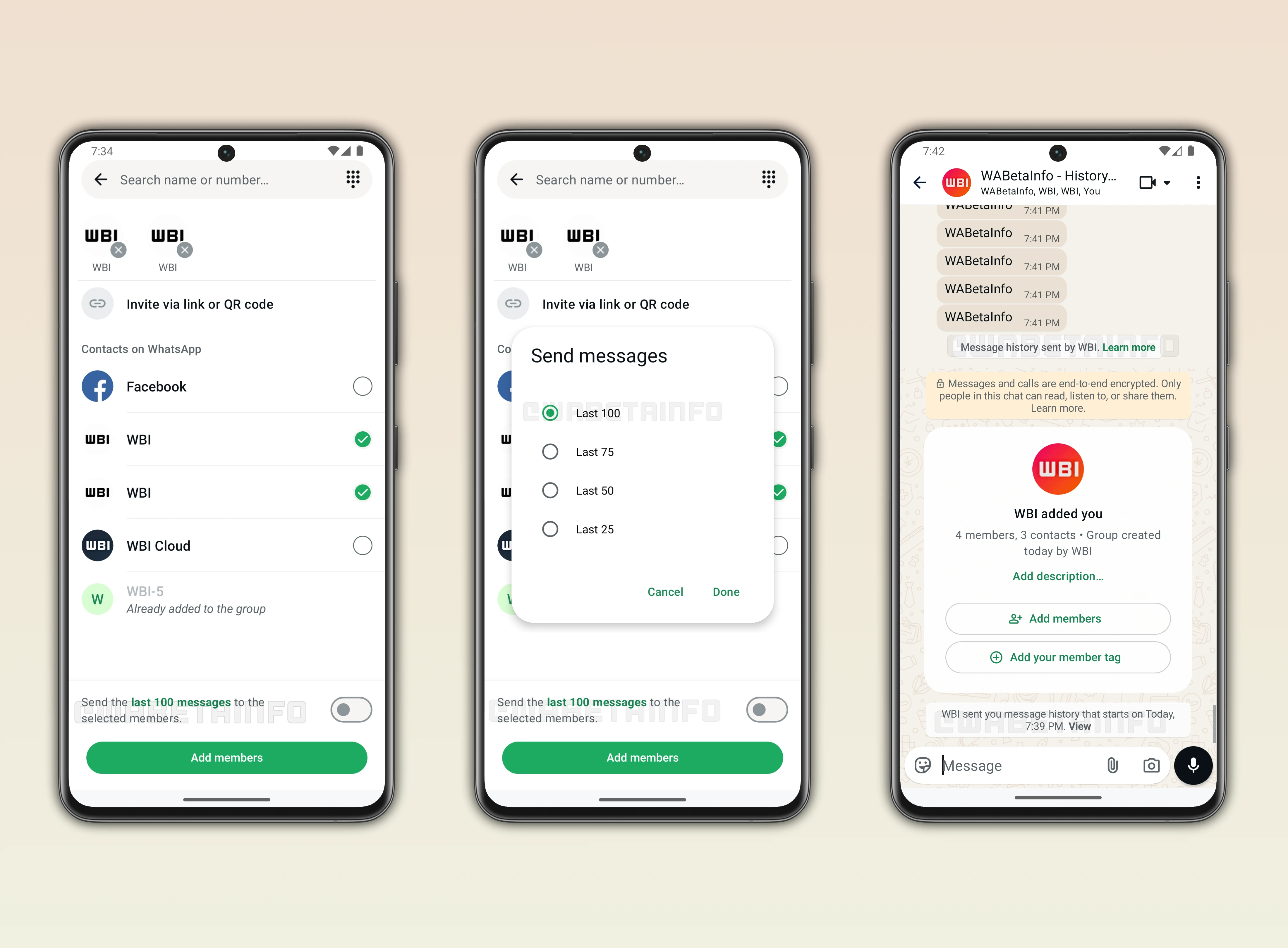 Screenshot that shows how to share chat history with new group members on WhatsApp beta for Android