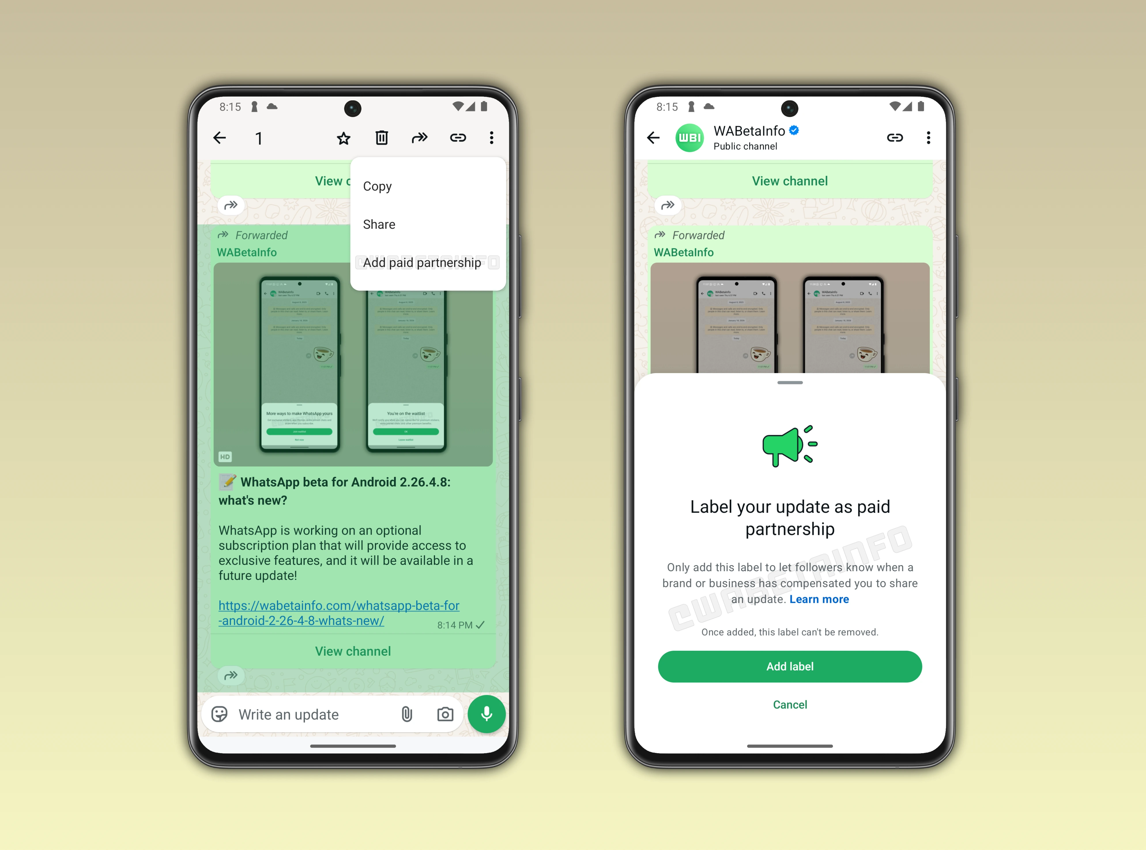 Image showing a feature that allows users to label their channel updates on WhatsApp beta for Android