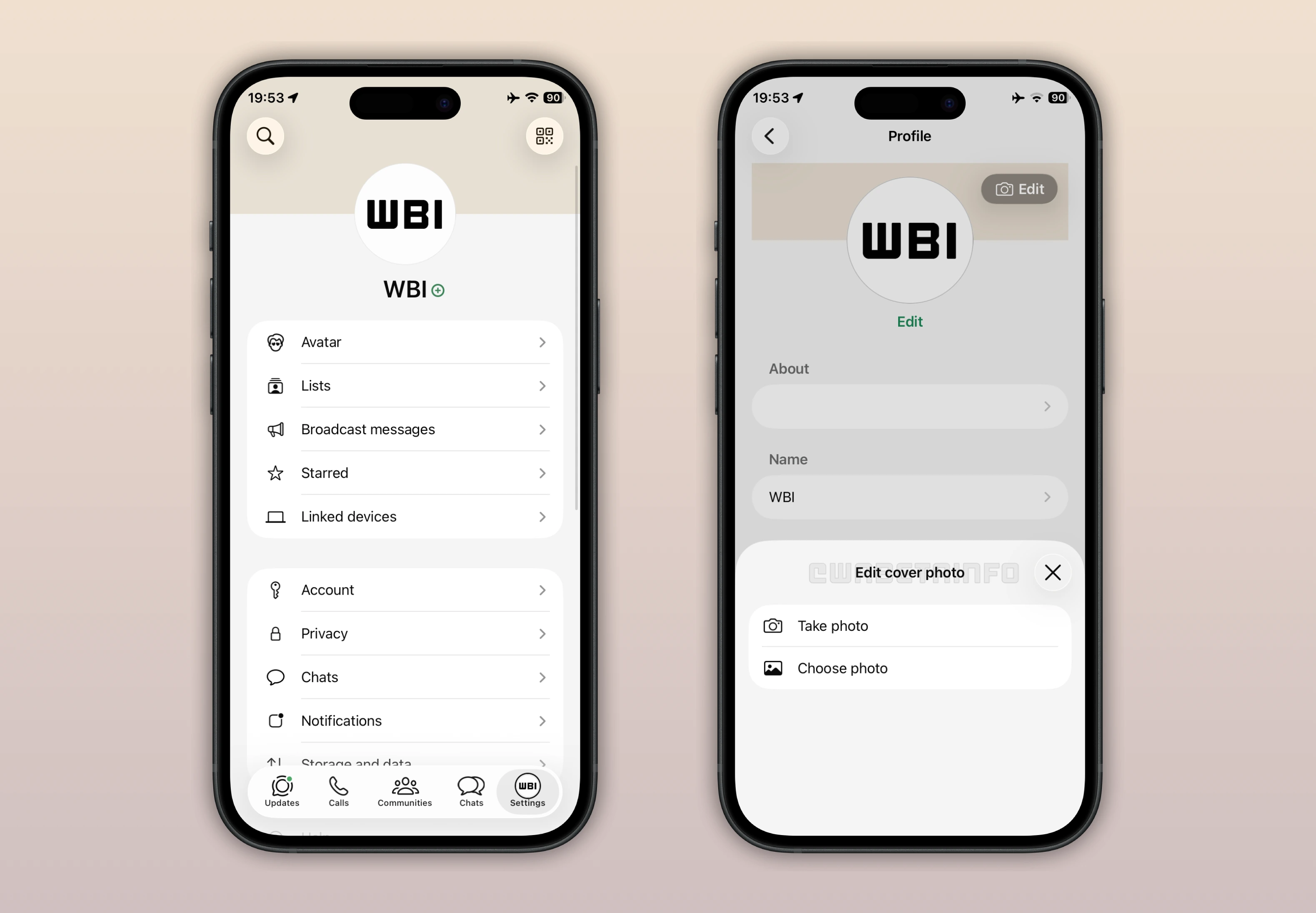 Screenshot showing a feature that lets users choose a cover photo for their profile on WhatsApp for iOS