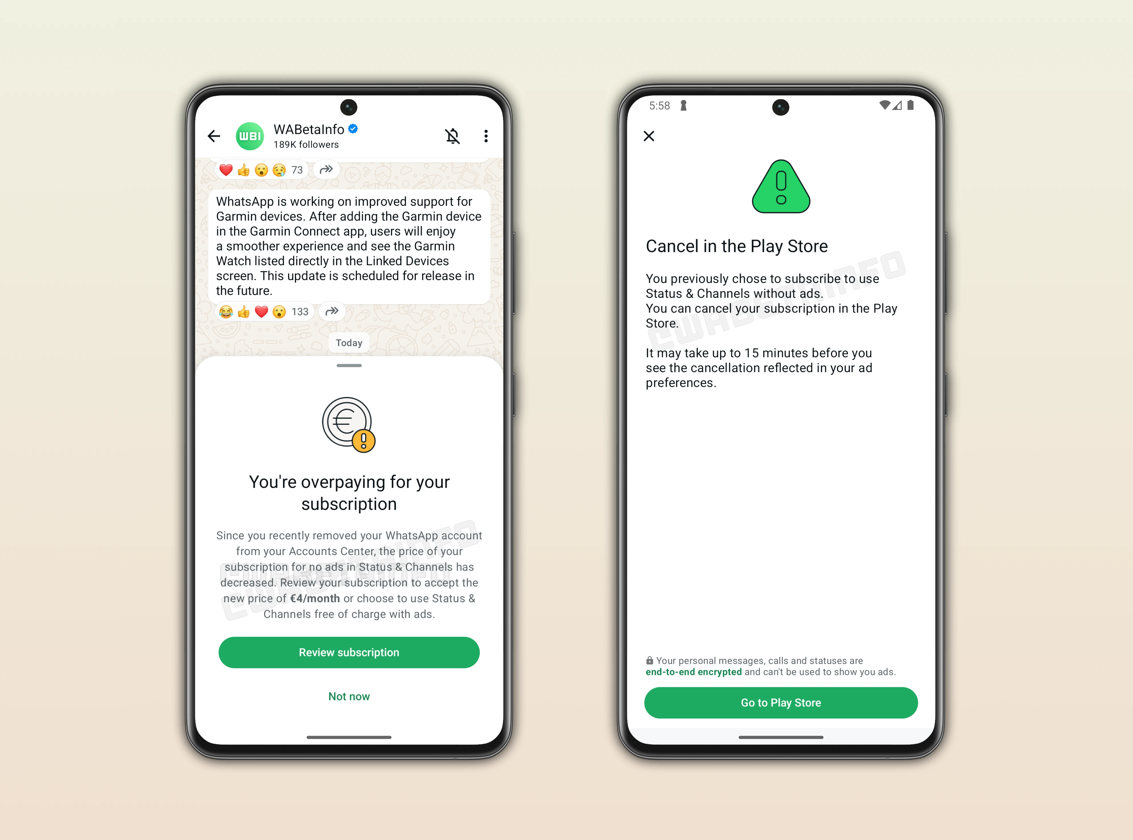 Screenshot showing a feature that lets users subscribe to avoid ads in the Updates tab on WhatsApp beta for Android