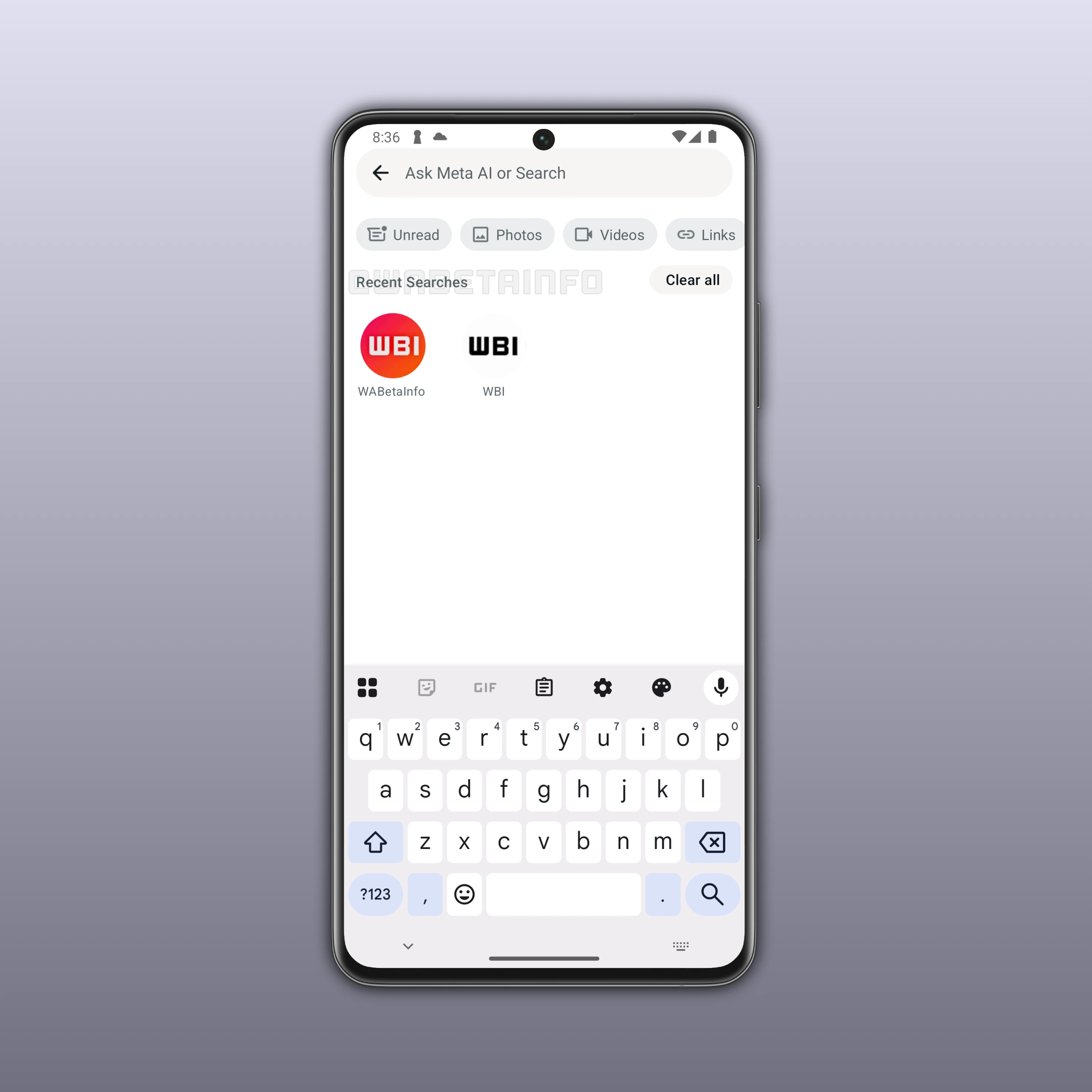 Screenshot showing a feature that displays recent chat searches on WhatsApp for Android