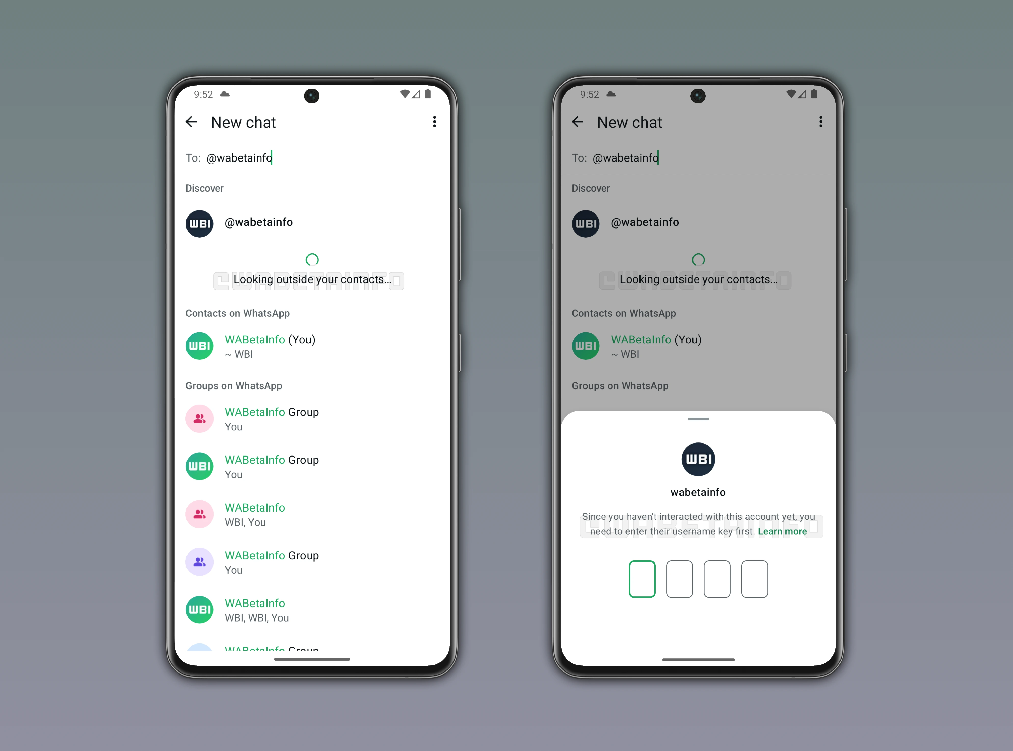 Screenshot showing how to search for username contacts and enter the username key on WhatsApp beta for Android