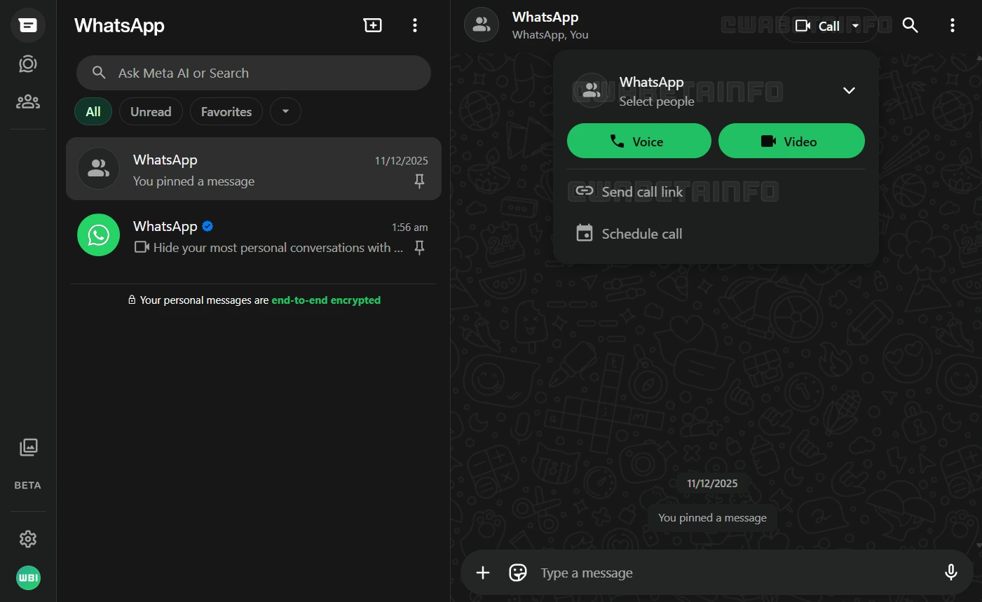 Screenshot showing how to place voice and video calls in group chats on WhatsApp Web