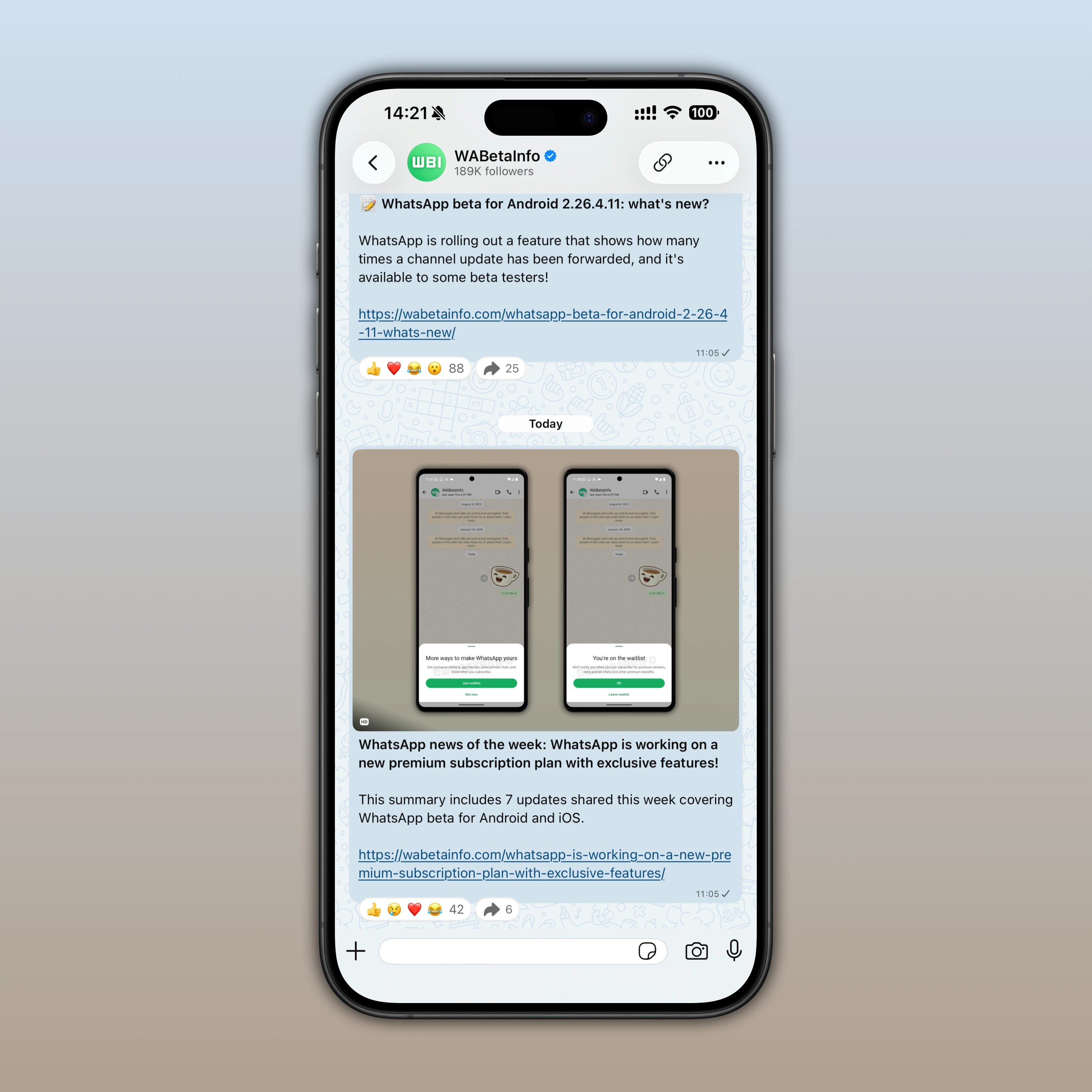 Image showing statistics for forwarded channel updates on WhatsApp beta for iOS