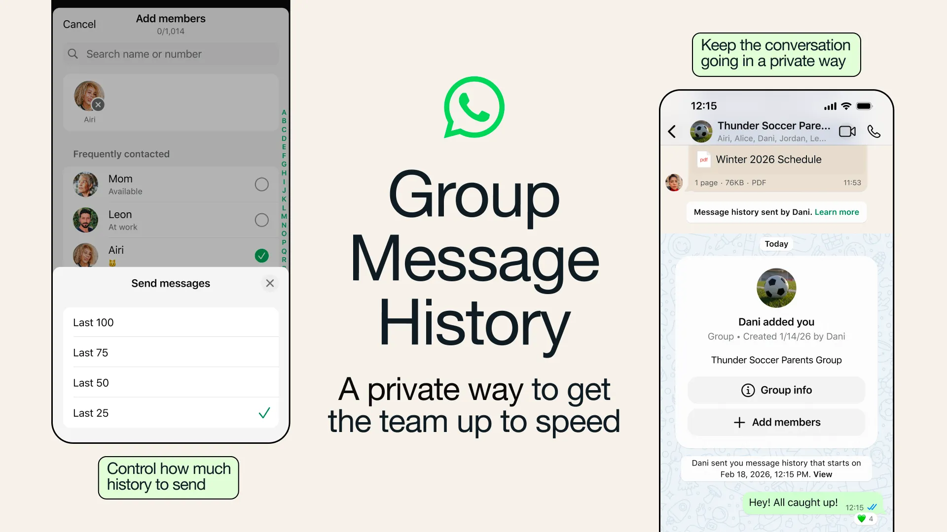 Image showing how to share history sharing with new members in group chat on WhatsApp for iOS and Android