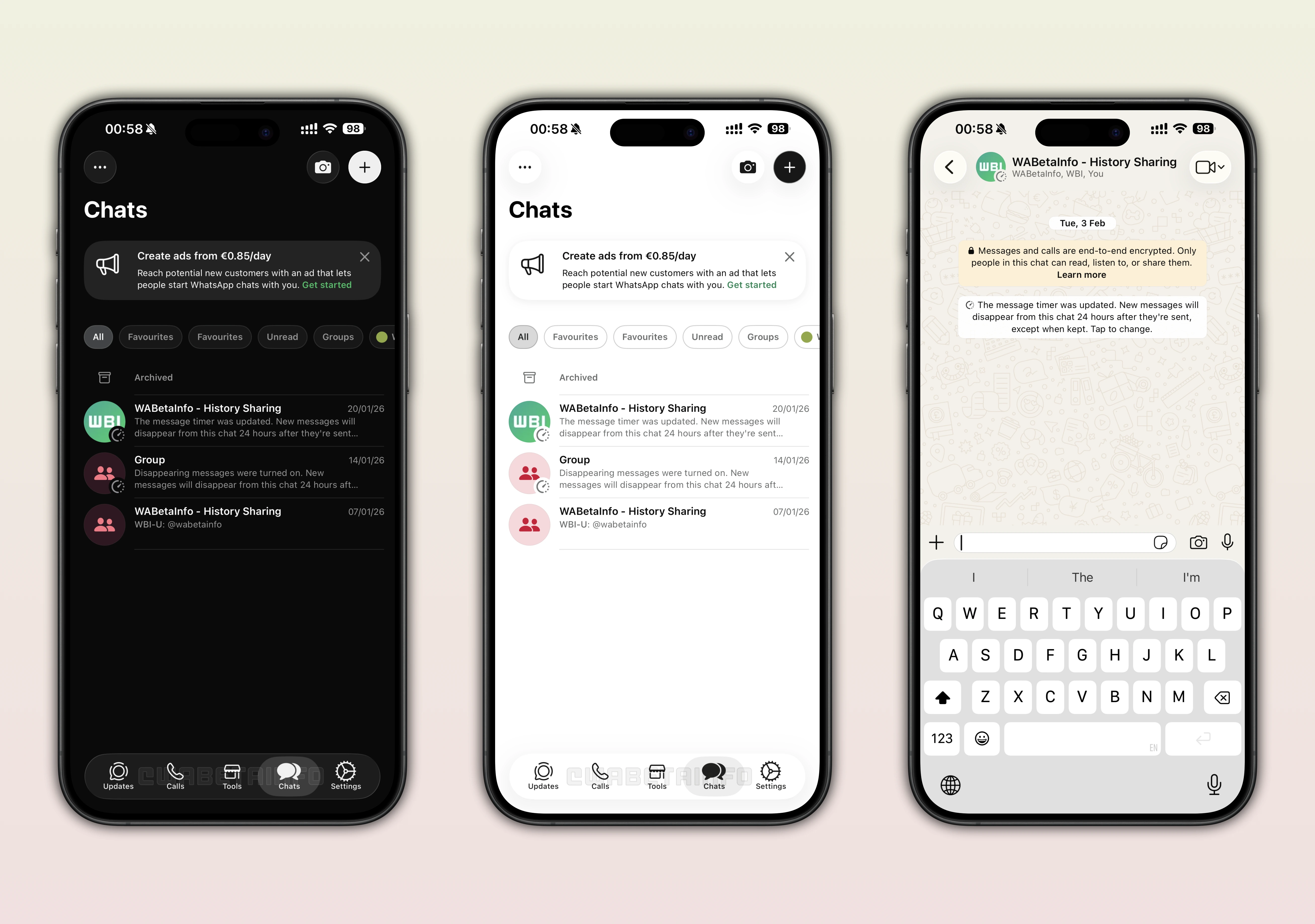 Image showing the new Liquid Glass interface available on WhatsApp Business for iOS