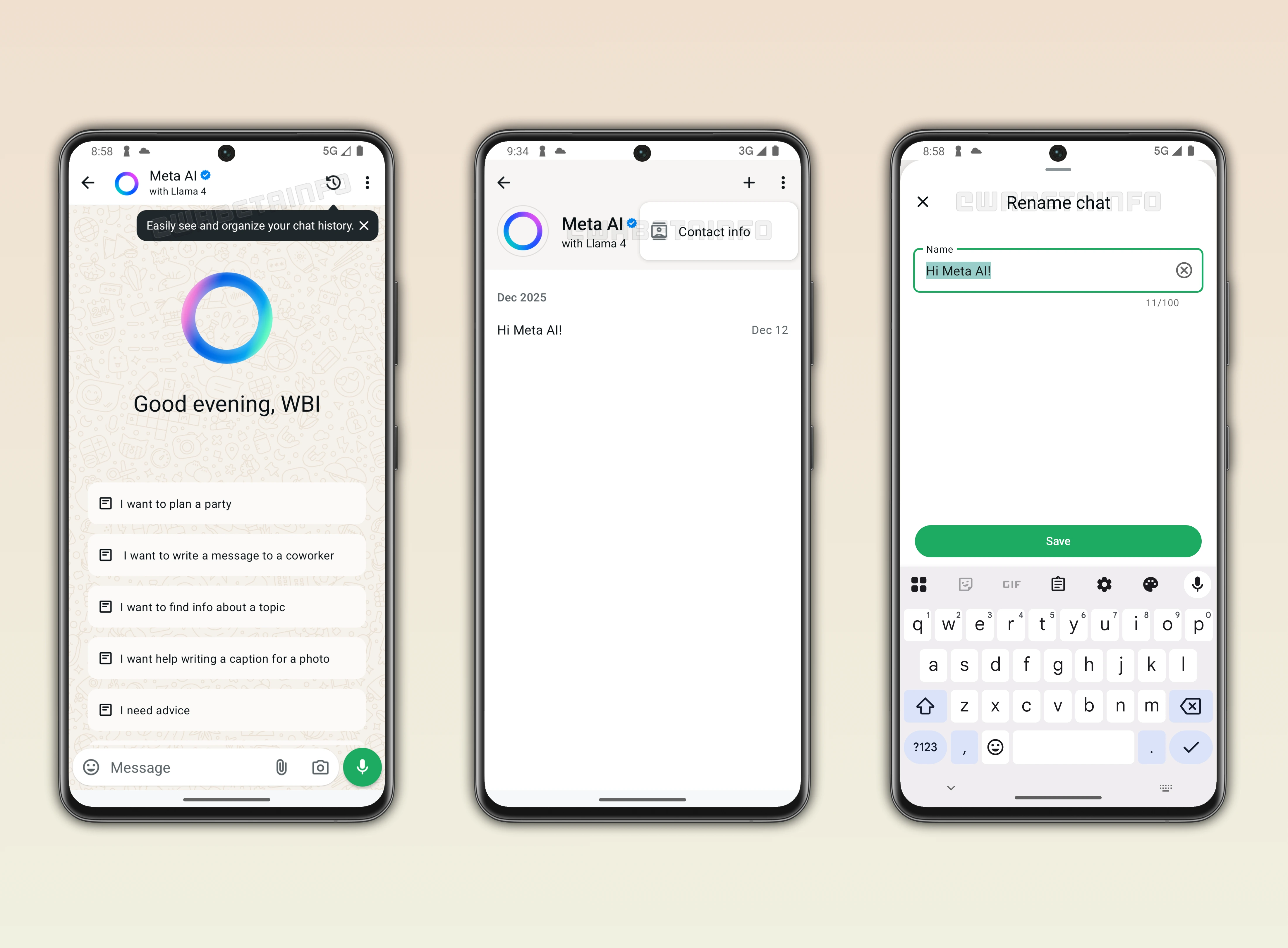 Image showing a feature that lets users manage and organize their chat history with Meta AI on WhatsApp beta for Android