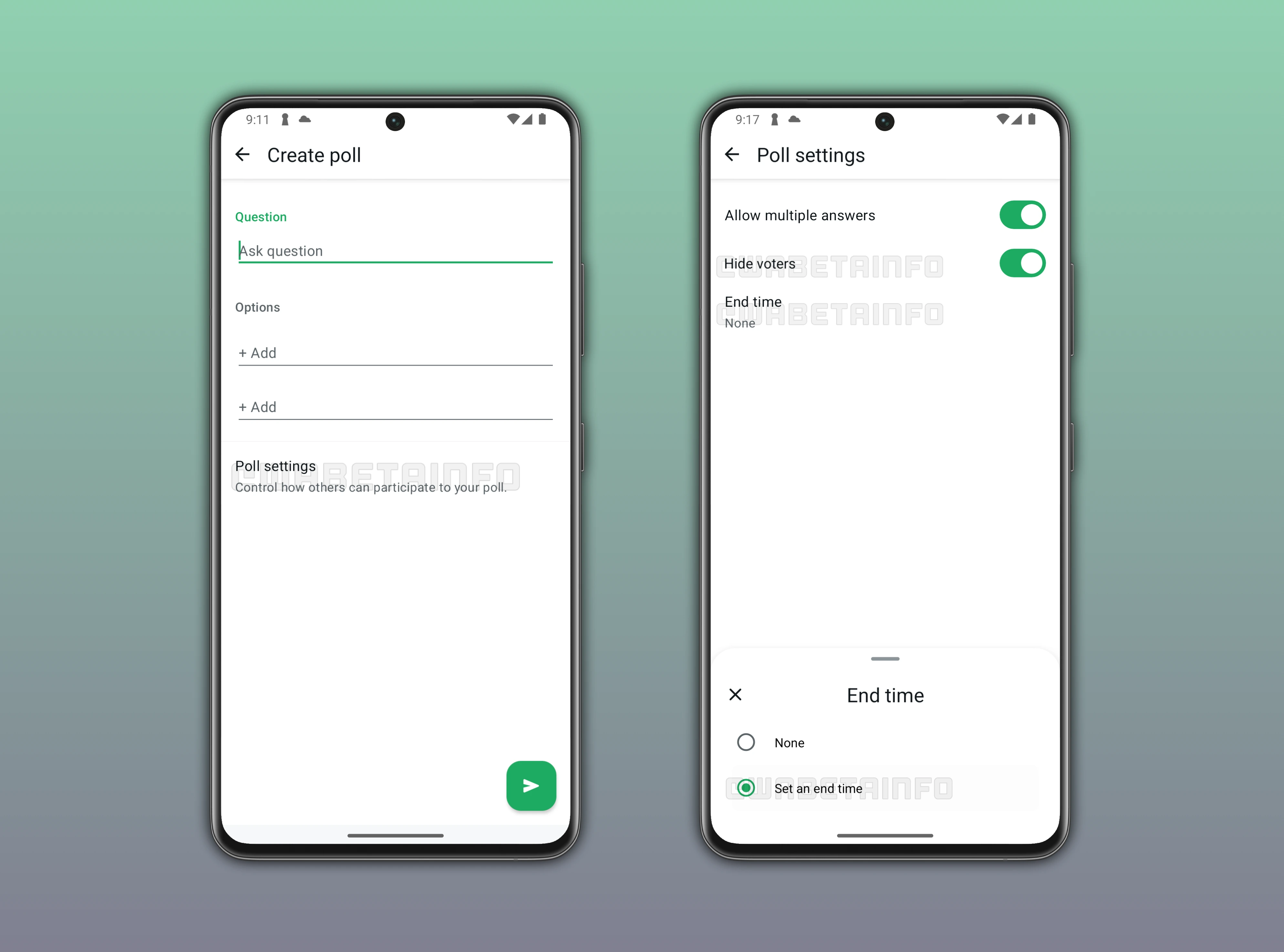 Image showing a feature that lets users configure settings for their polls on WhatsApp beta for Android: hide voters and end time.