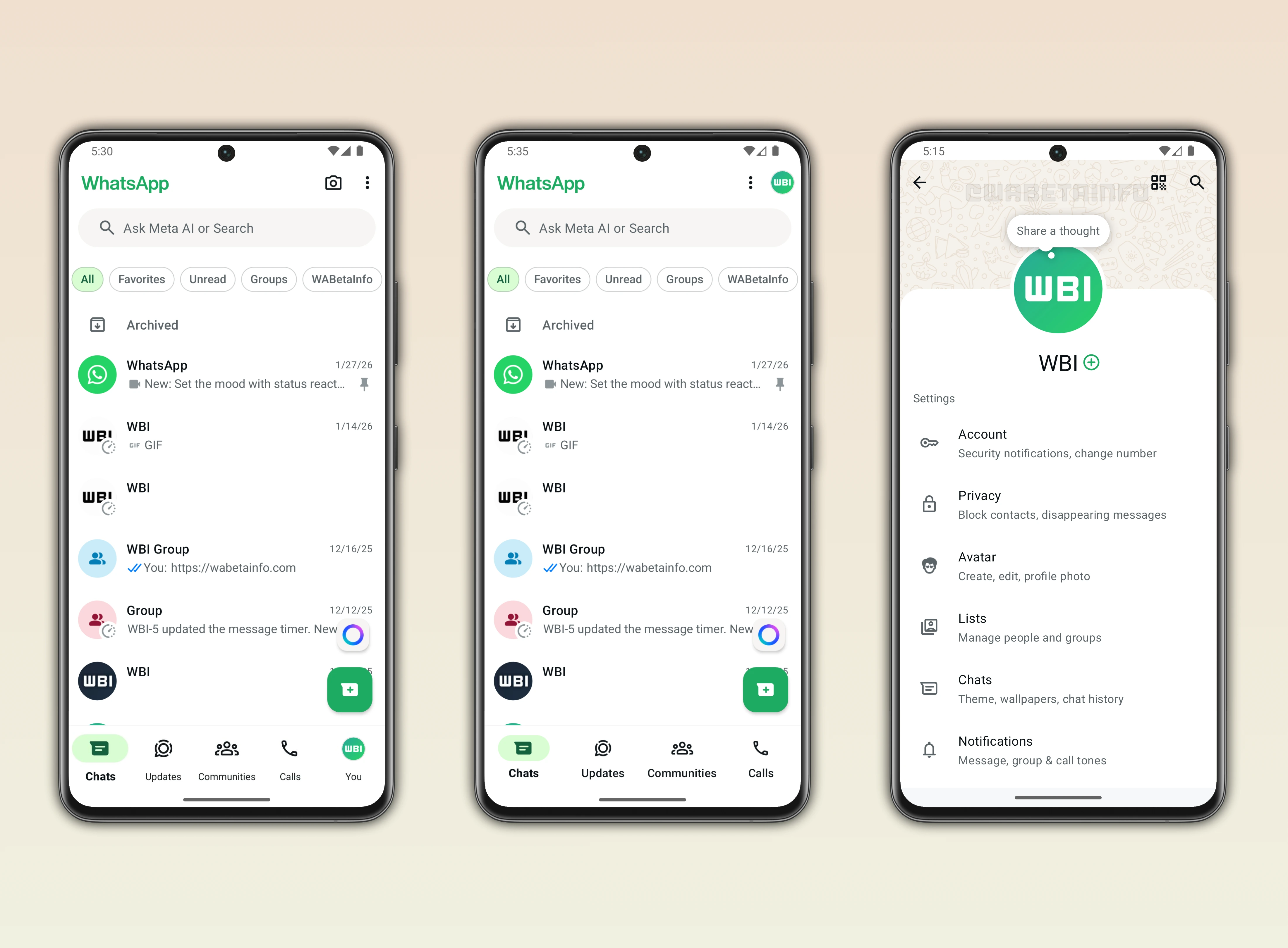 Image showing a new profile entry point for the top app bar and bottom navigation bar on WhatsApp beta for Android