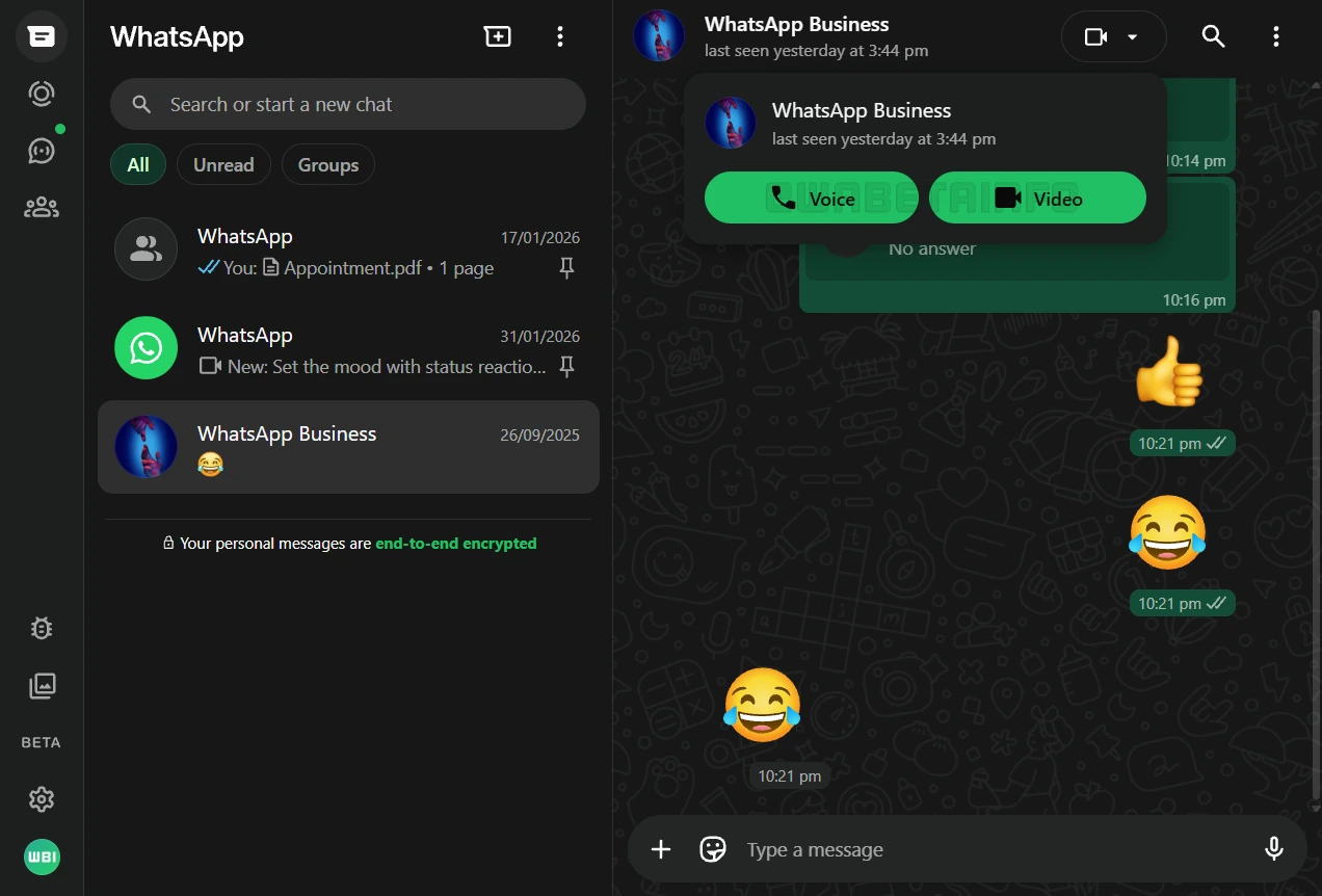 Image showing how to place voice and video calls on WhatsApp Web beta