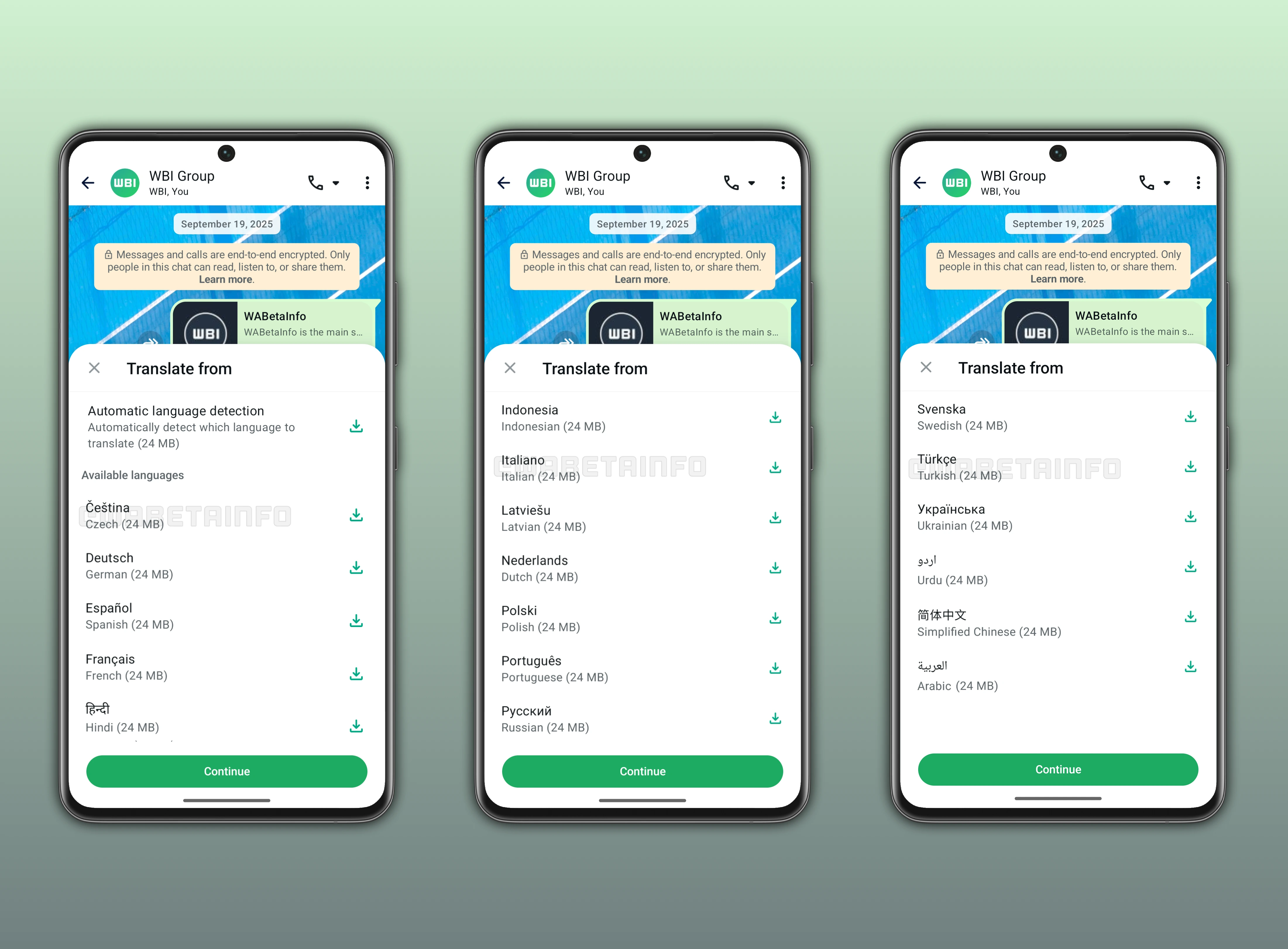 The image shows new language packs available for message translations