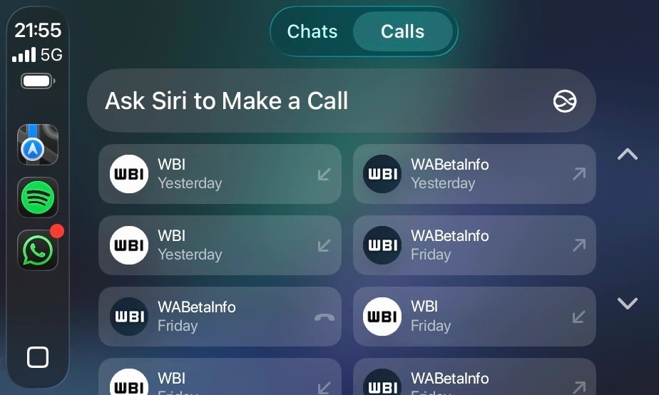 The image shows a feature that allows users to consult their call history on WhatsApp beta for CarPlay