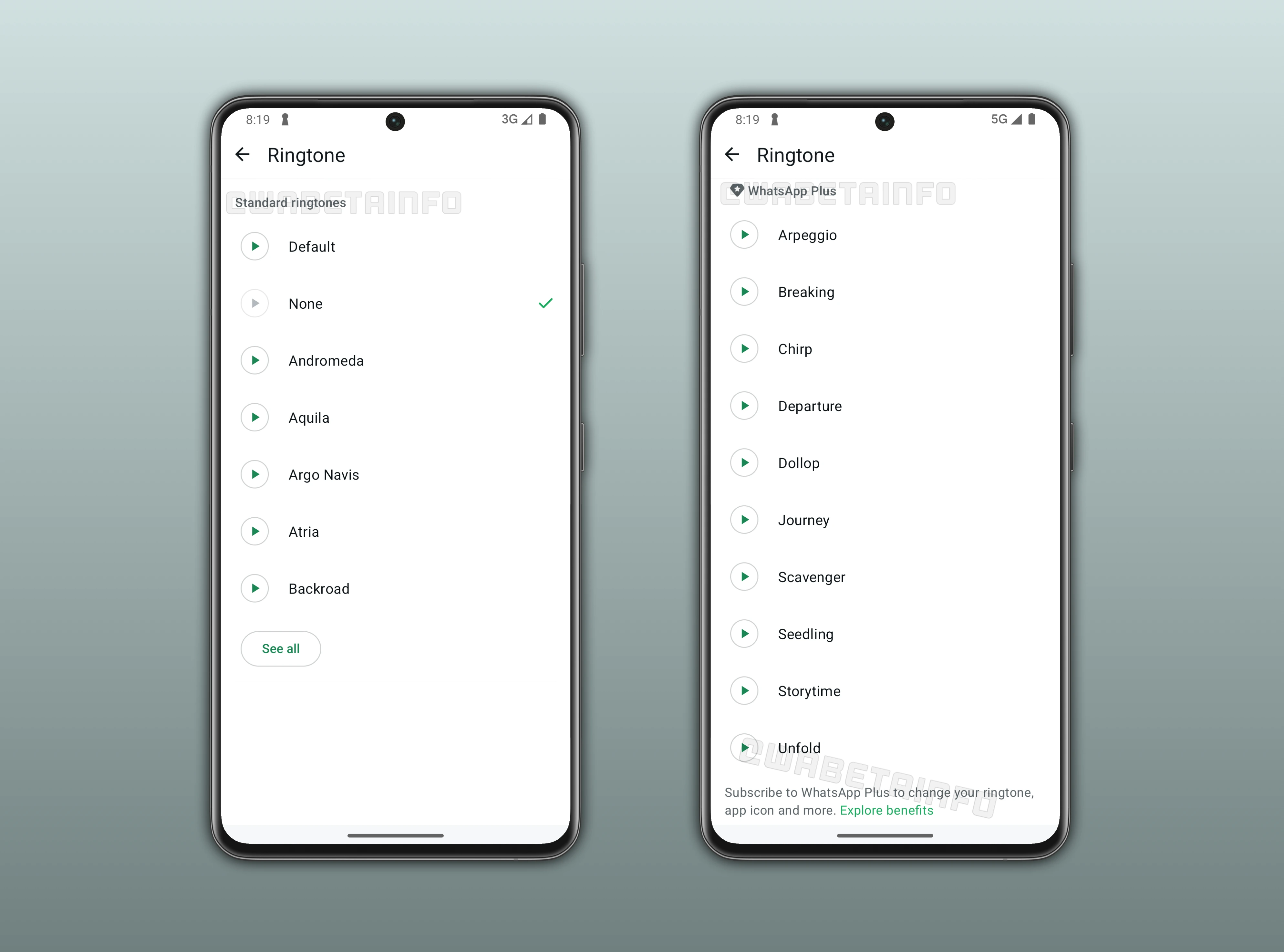This image shows a feature that lets users choose premium ringtones for their contacts on WhatsApp beta for Android
