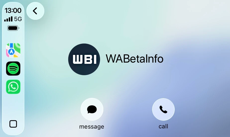 The images shows the contact info screen on WhatsApp beta for CarPlay
