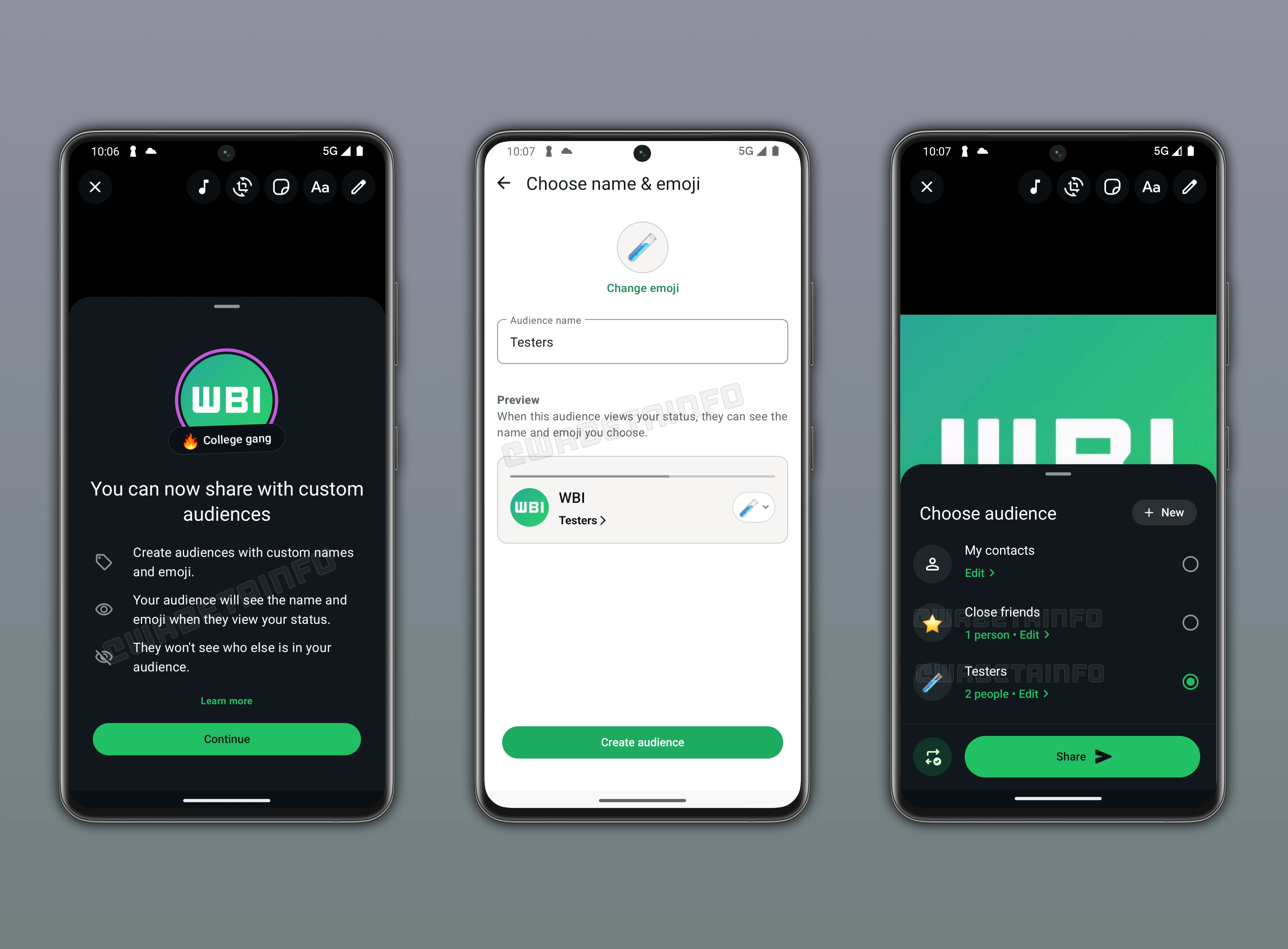 The image shows a feature that lets users create custom audiences for status updates on WhatsApp beta for Android