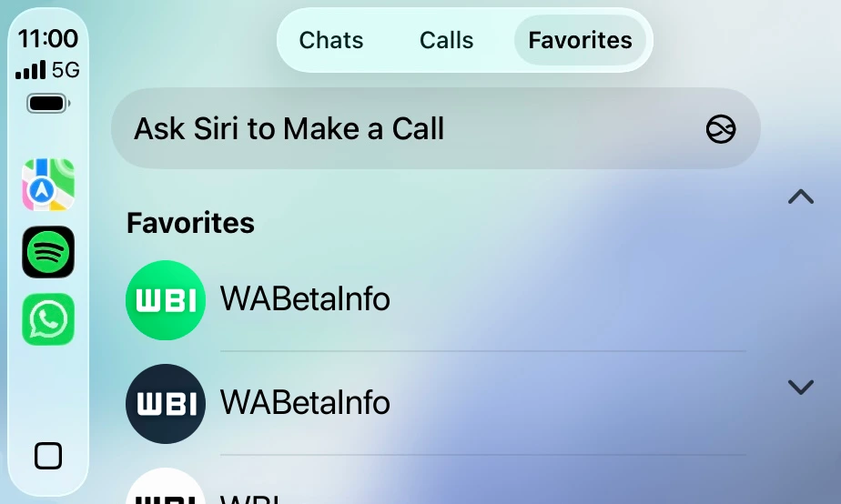 The image shows a Favorites tab on WhatsApp beta for CarPlay