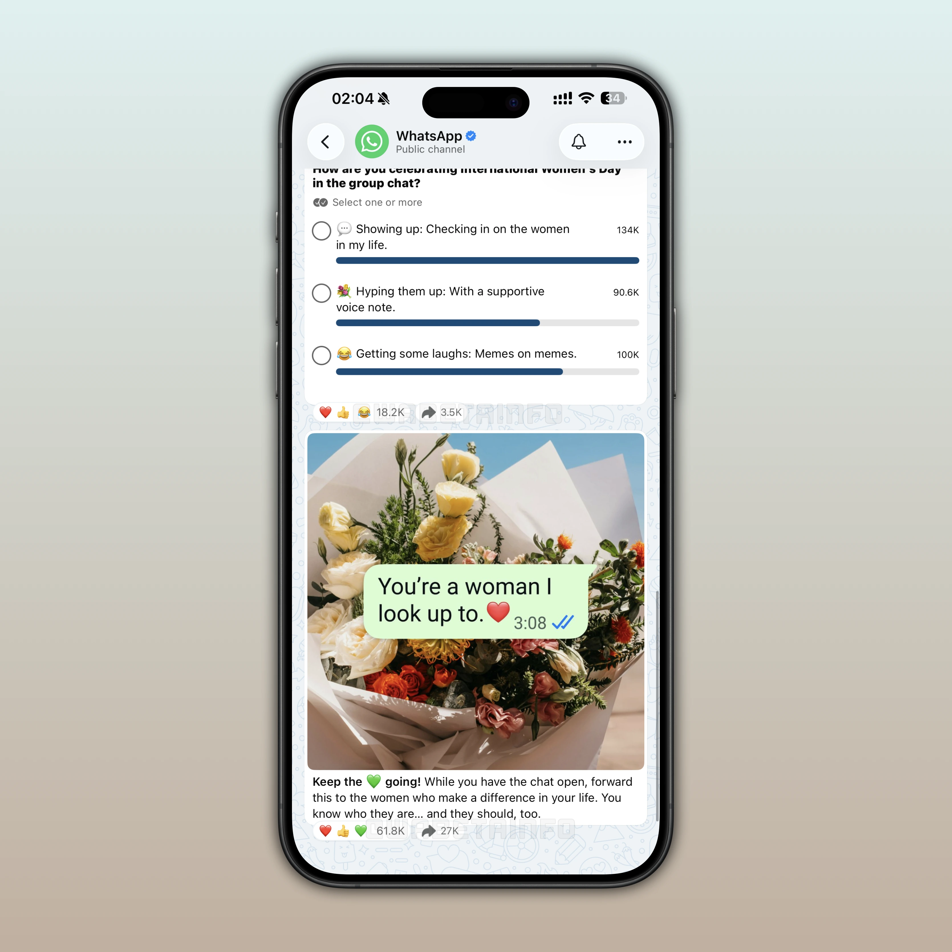 The image shows how many times any channel update has been forwarded on WhatsApp beta for iOS